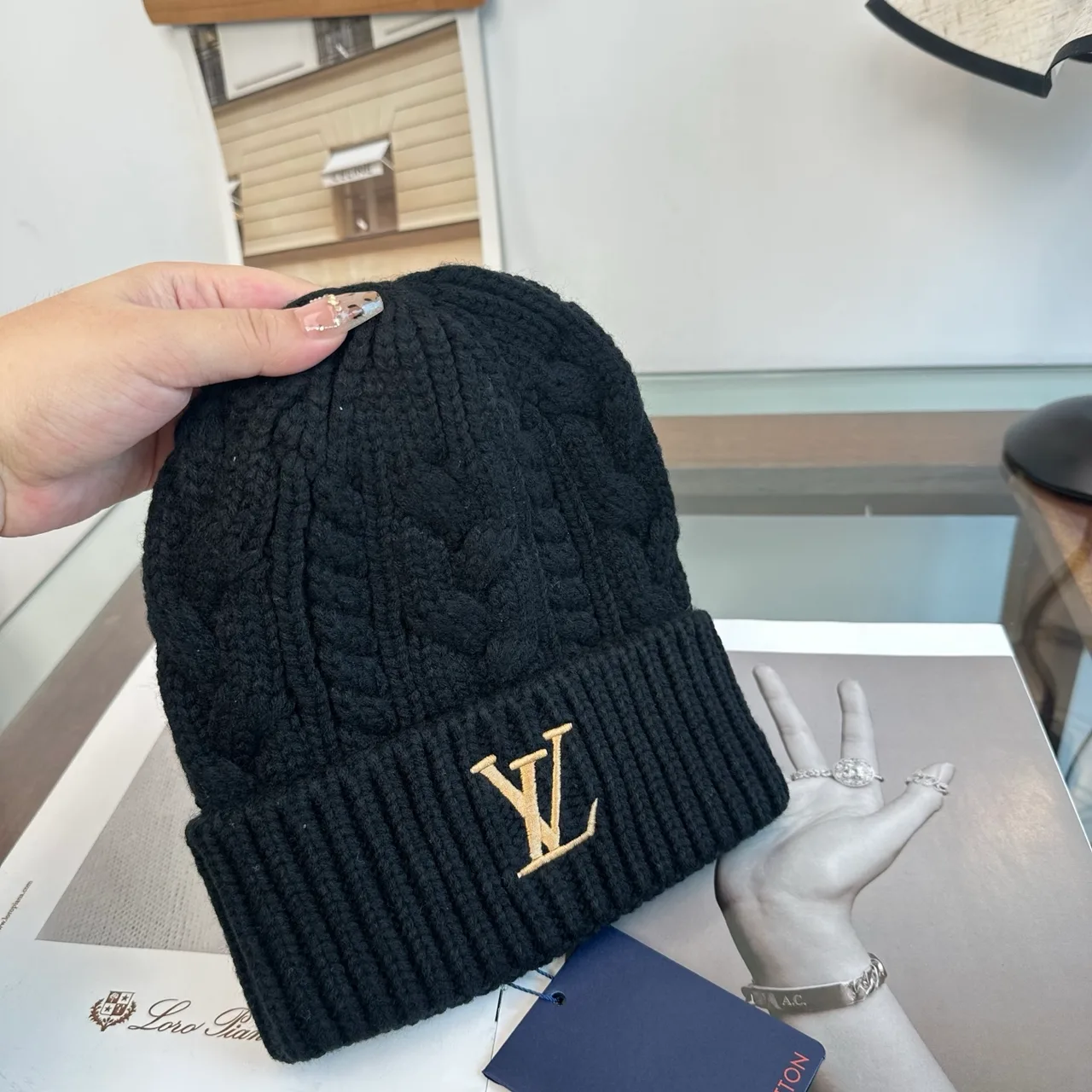 Louis Vuitton Cable-Knit Beanie in Blue & Beige & White & Brown & Black · view 5