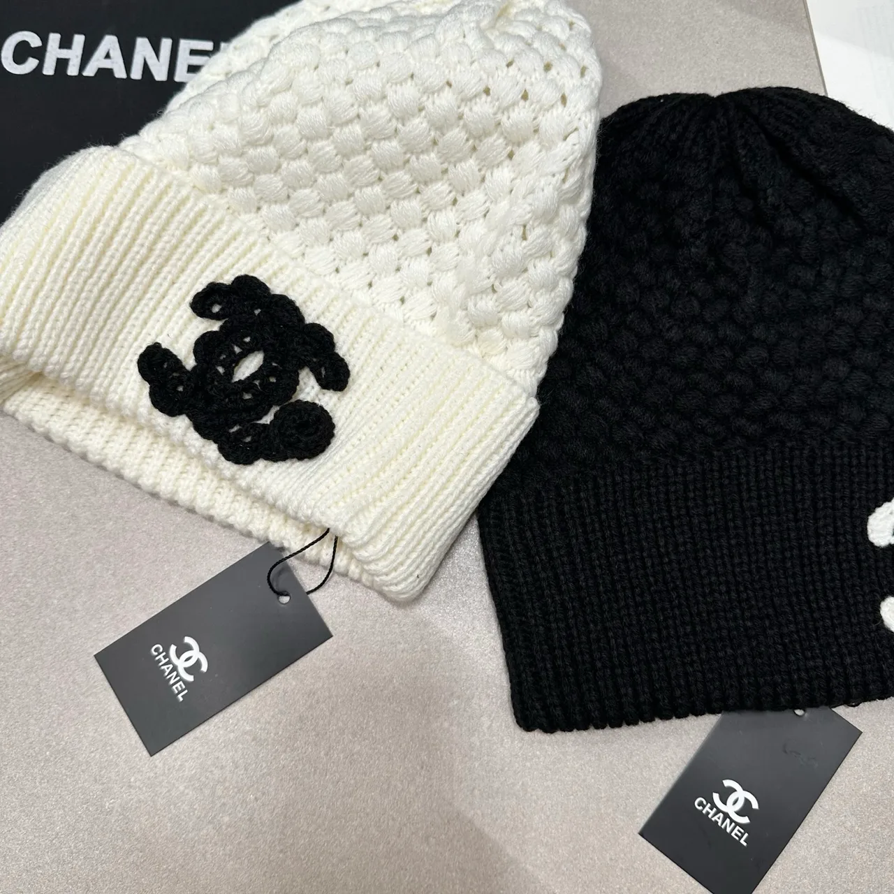 Chanel Textured CC Beanie in Black & White · view 8