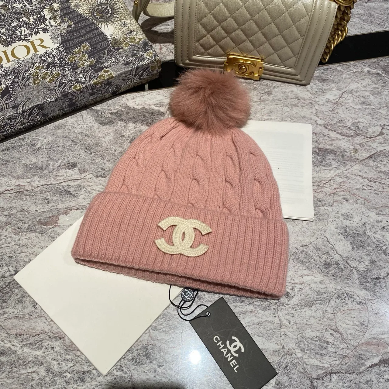 Chanel CC pom knit beanie in Blue & Burgundy & Black & White & Grey & Cream & Pink & Tan · view 7