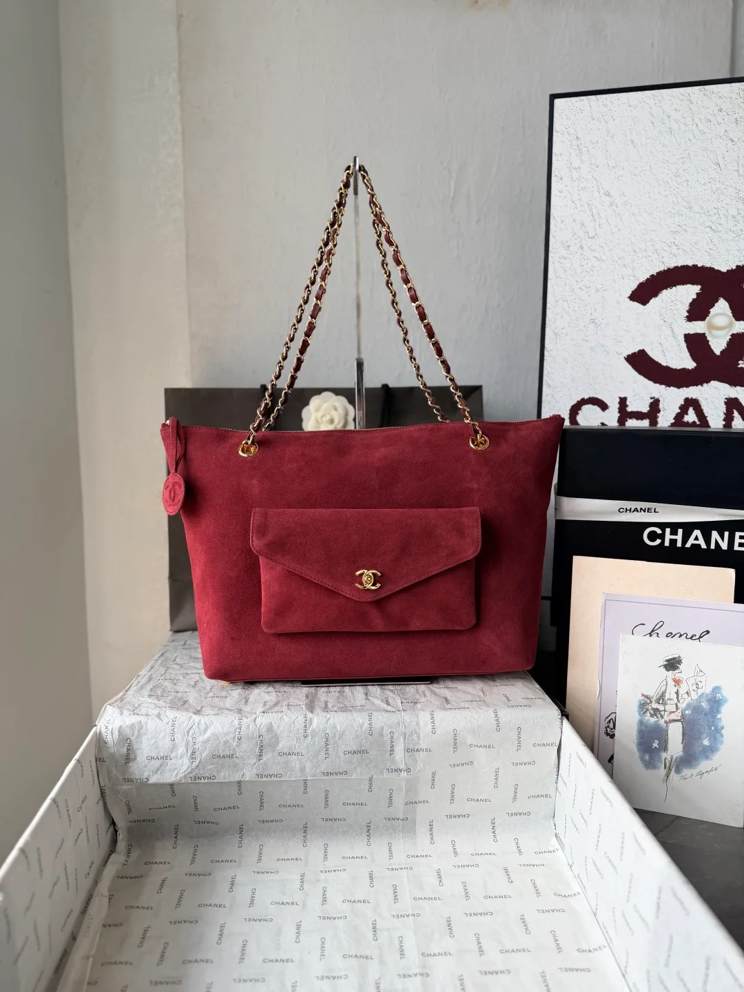 Chanel Leather Glossy Suede-Look Tote in Burgundy · view 1