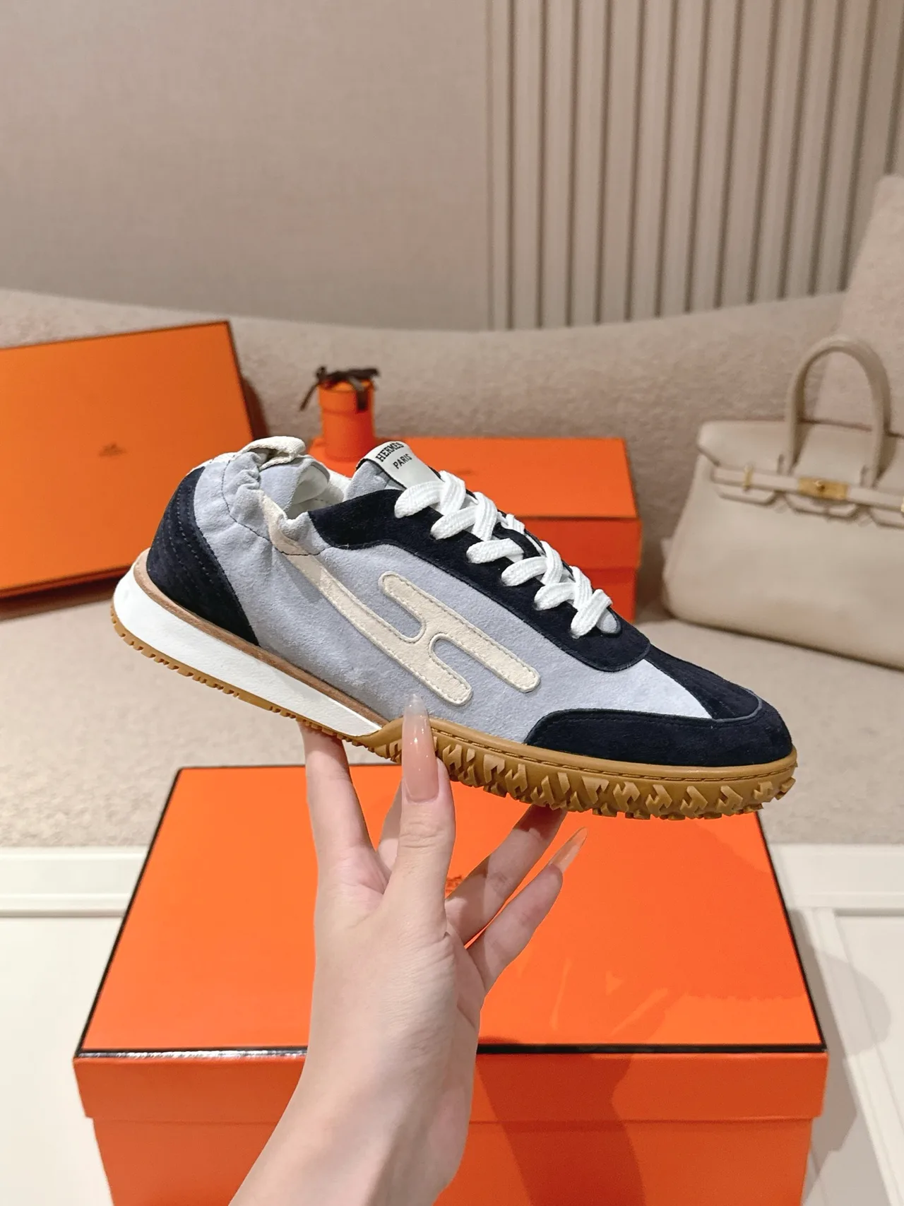 Hermes Sheepskin Suede Sneakers in Blue · view 5