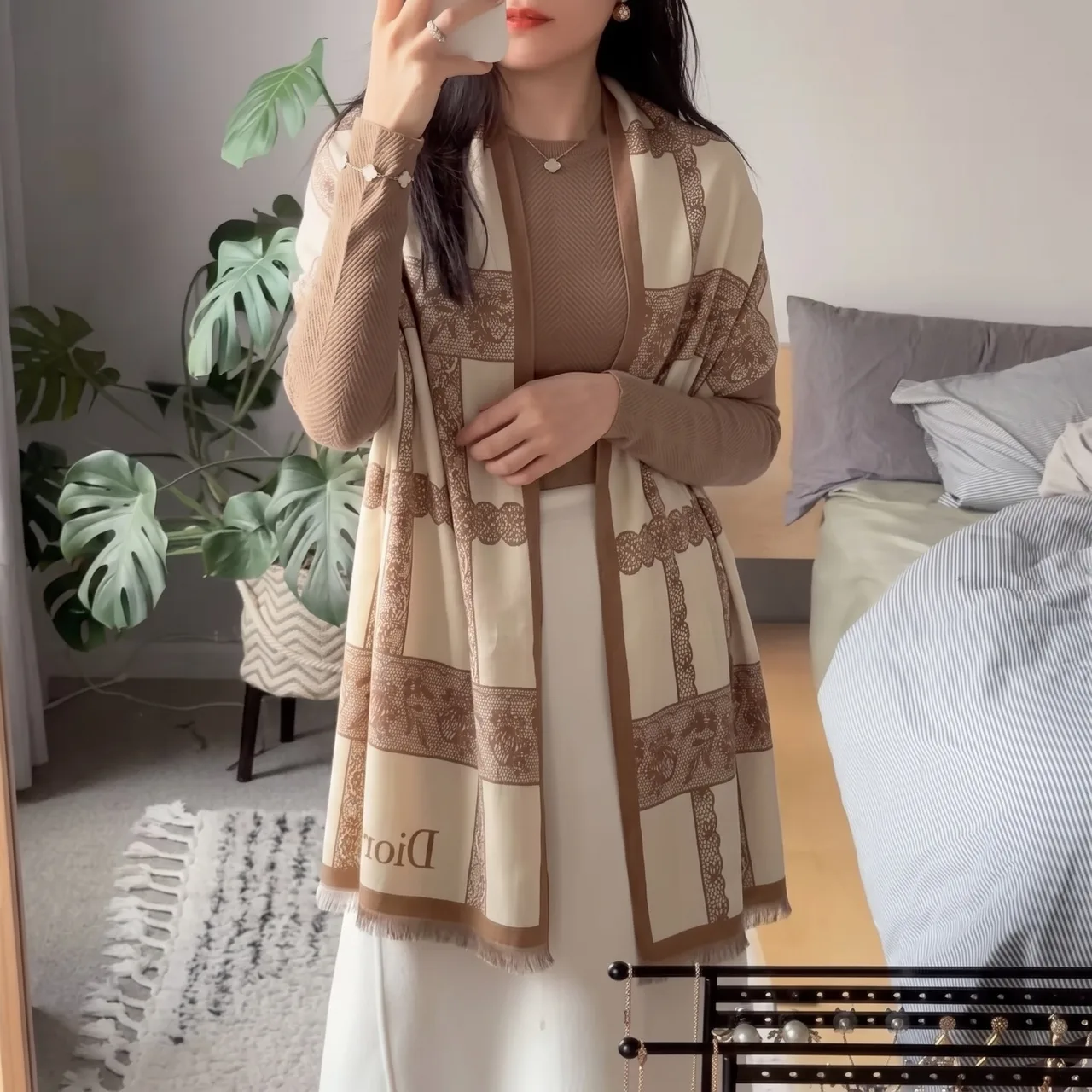 Dior Lace Check Scarf in Beige · view 3