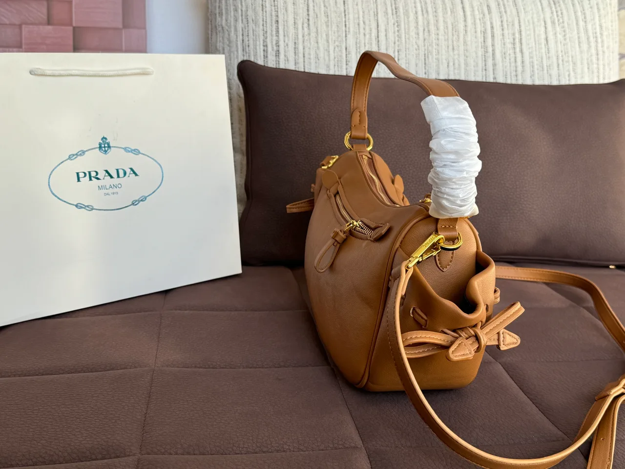 Prada Ribbed Hobo Bag in Tan · view 2