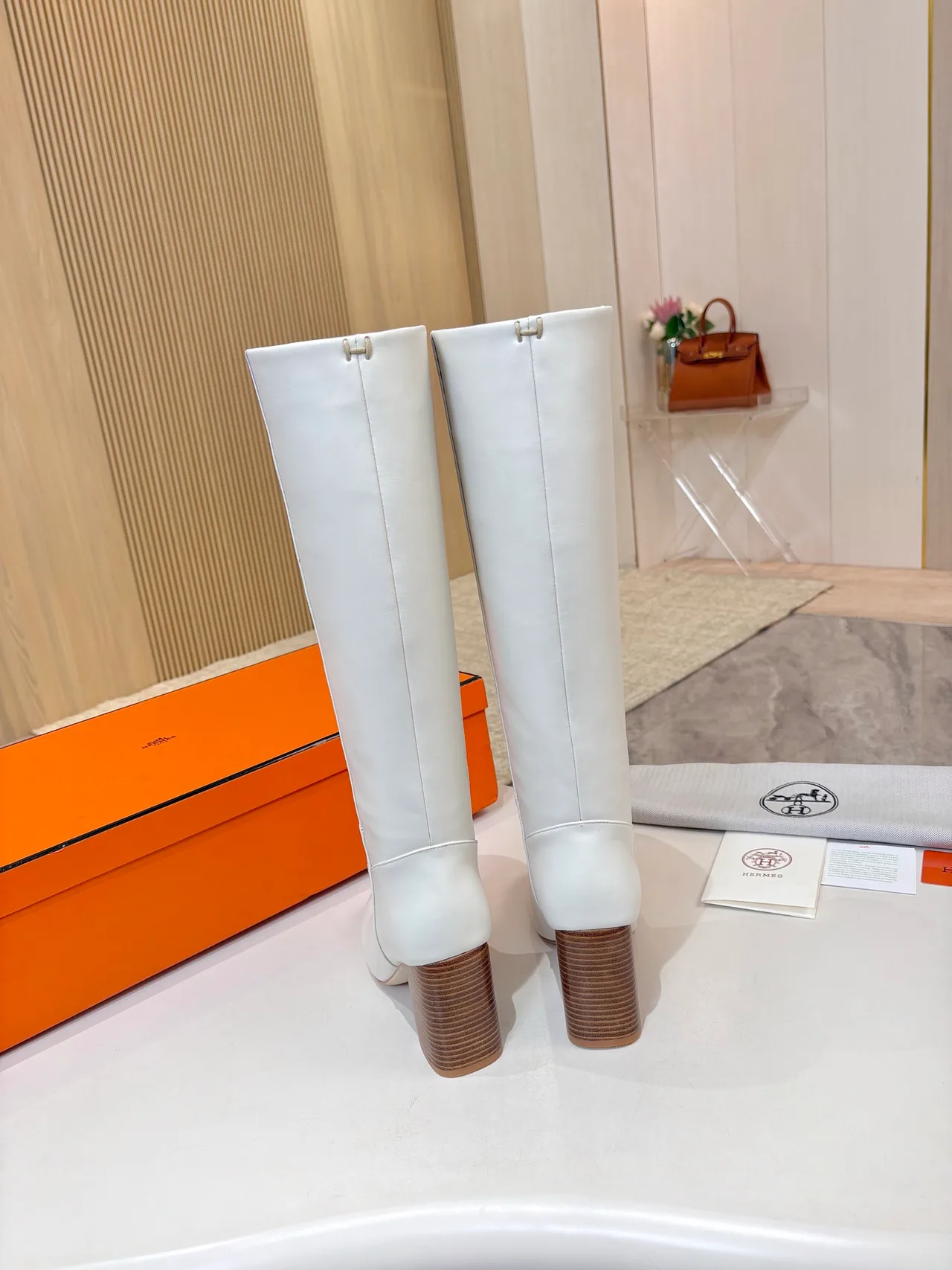 Hermes Cowhide Glossy Knee-High Boots in White · view 6