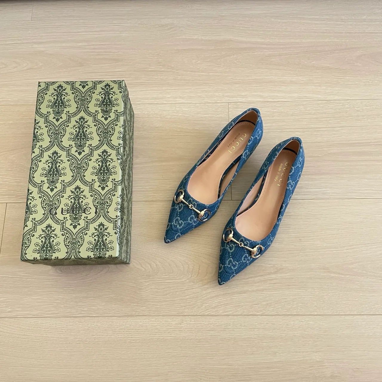 Gucci Canvas Pointed-Toe Monogram Kitten Heel Pumps in Blue · view 2