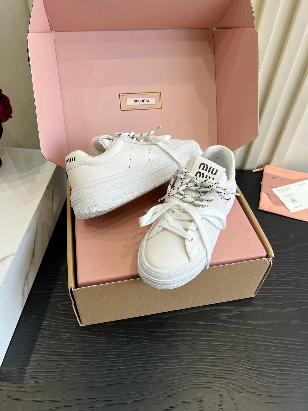 Miu Miu Cowhide Denim Smooth Sneakers in White · view 4