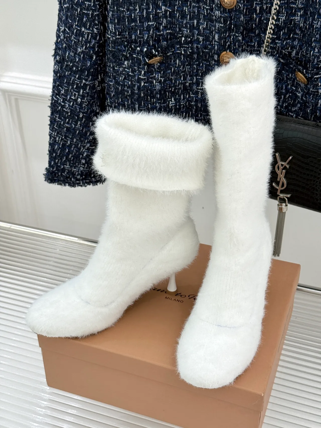 Gianvito Rossi Wool Ribbed Fuzzy Ankle Boots in White · view 2