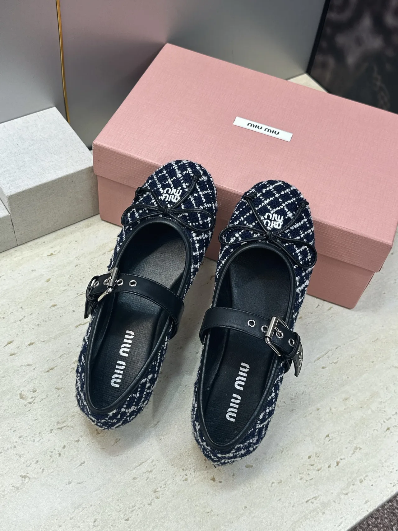 Miu Miu Calfskin Check Buckle Mary Jane Flats in Blue · view 4