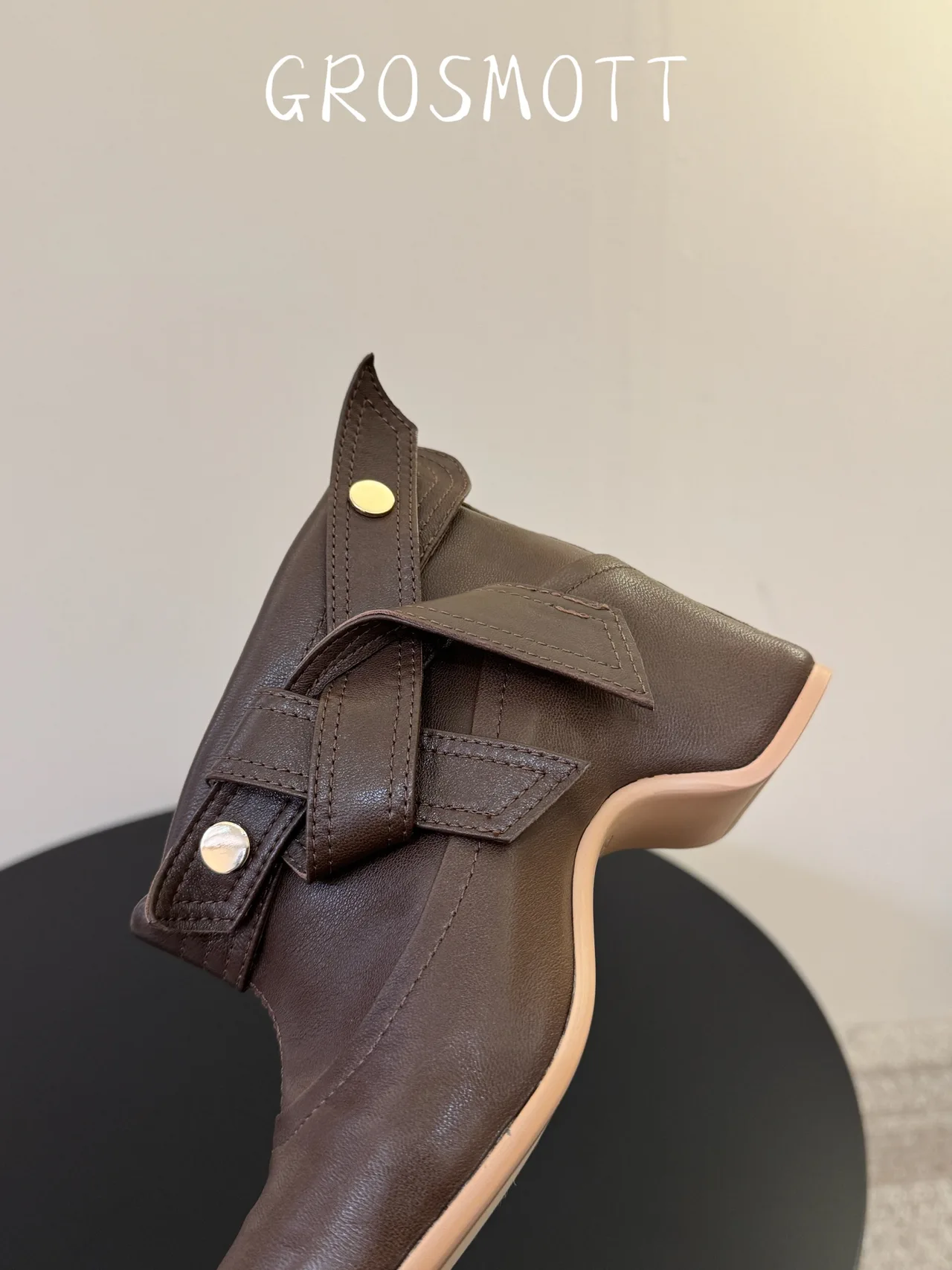 Sheepskin Smooth Pointed-Toe Buckle Ankle Boots in Brown · view 8