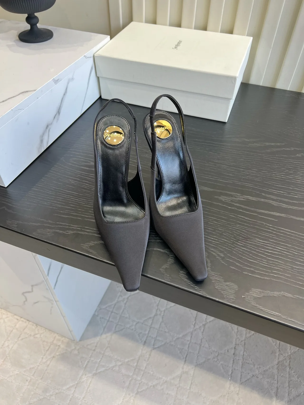 Saint Laurent Cowhide Silk Glossy Pointed-Toe Slingback Shoes in Grey · view 1