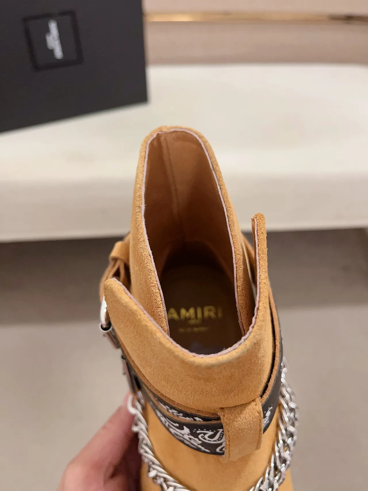 AMIRI Cowhide Suede-Look Pointed-Toe Bandana Strap Ankle Boots in Brown · view 7