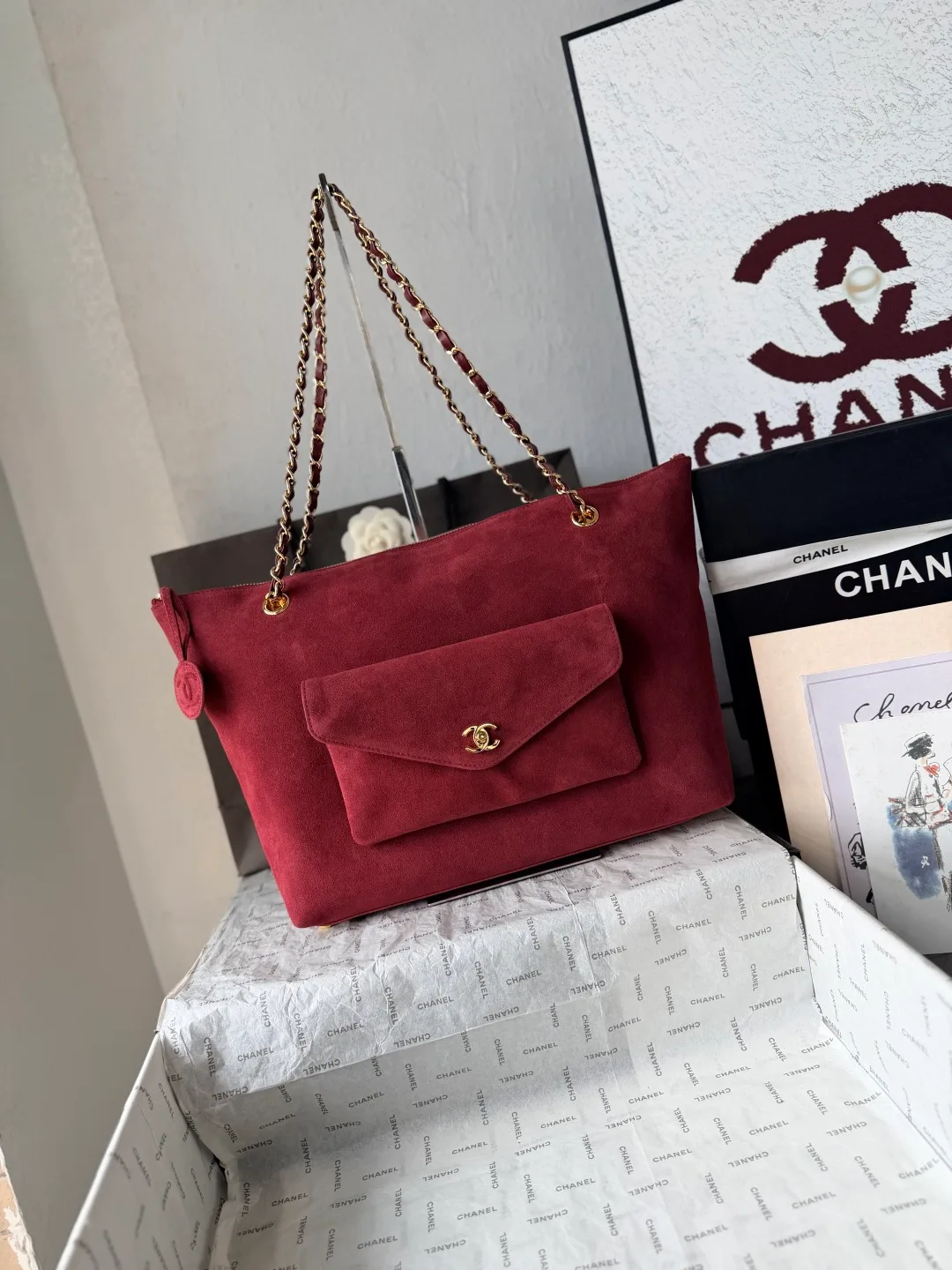 Chanel Leather Glossy Suede-Look Tote in Burgundy · view 2