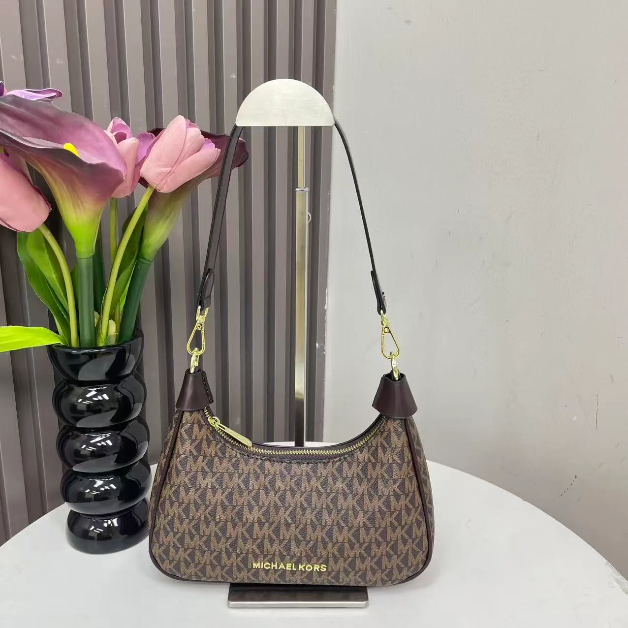 Michael Kors MK Crescent Shoulder Bag in Grey & Brown & White & Beige · view 2