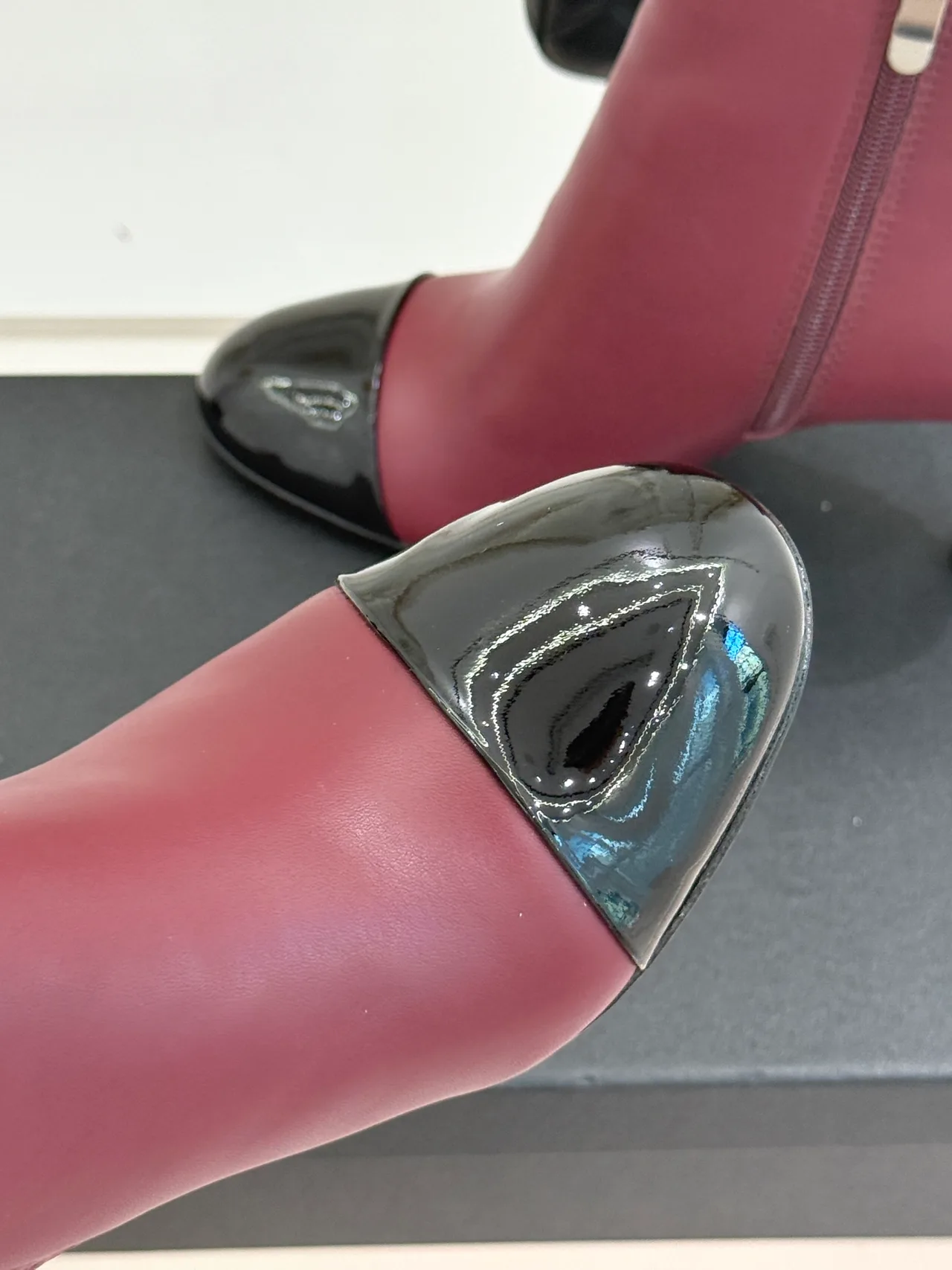 Chanel Lambskin Glossy Pointed-Toe Round-Toe Ankle Boots in Burgundy · view 7