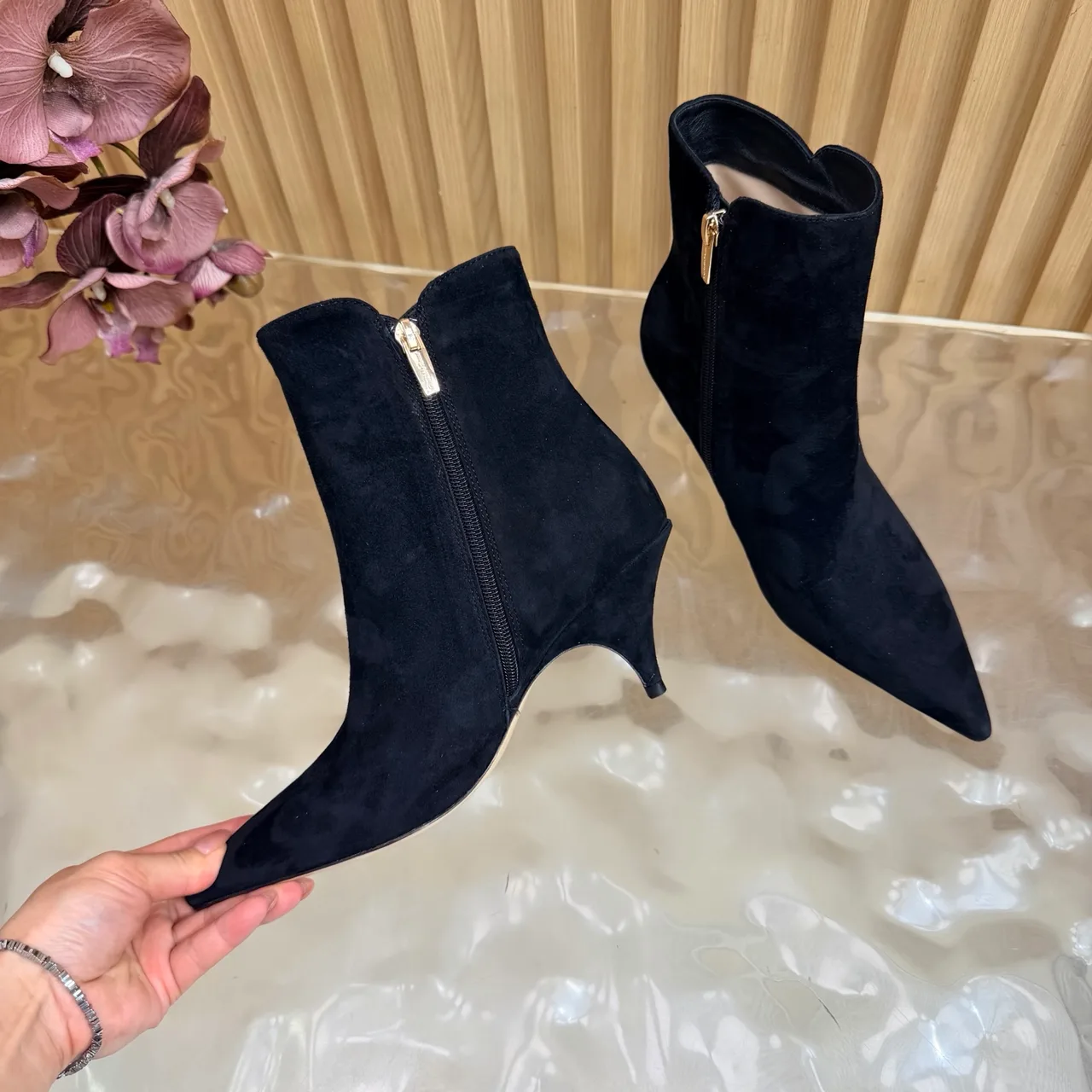 Gucci Suede-Look Pointed-Toe Ankle Boots in Black · view 6