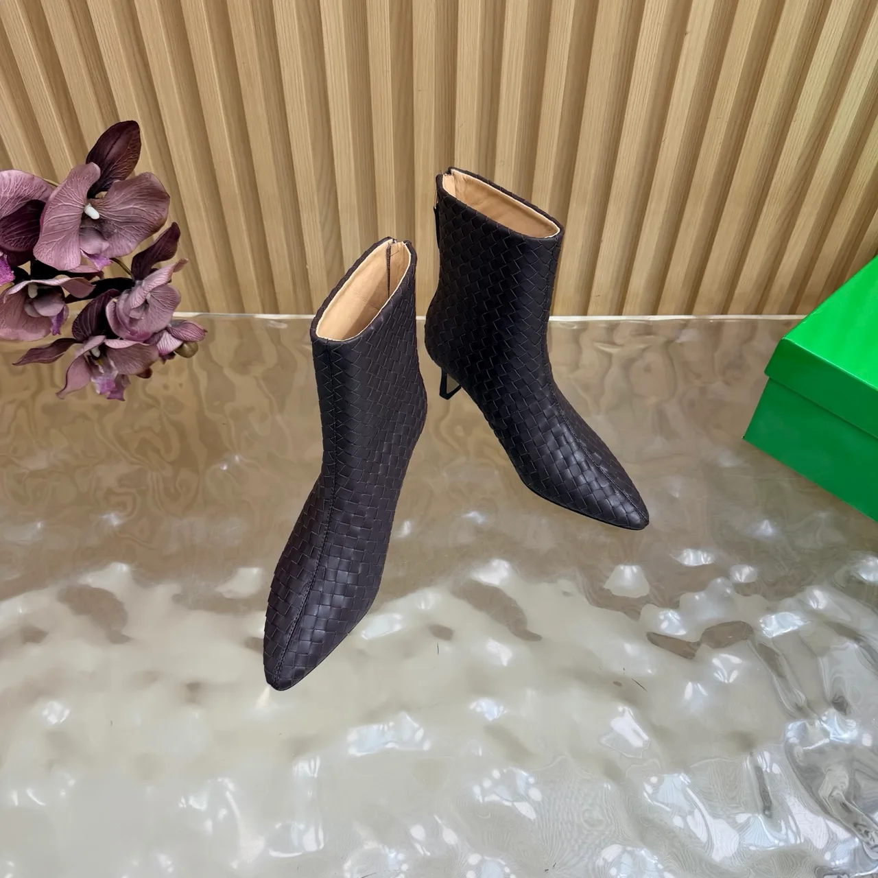 Bottega Veneta Woven Pointed-Toe Ankle Boots in Brown · view 4