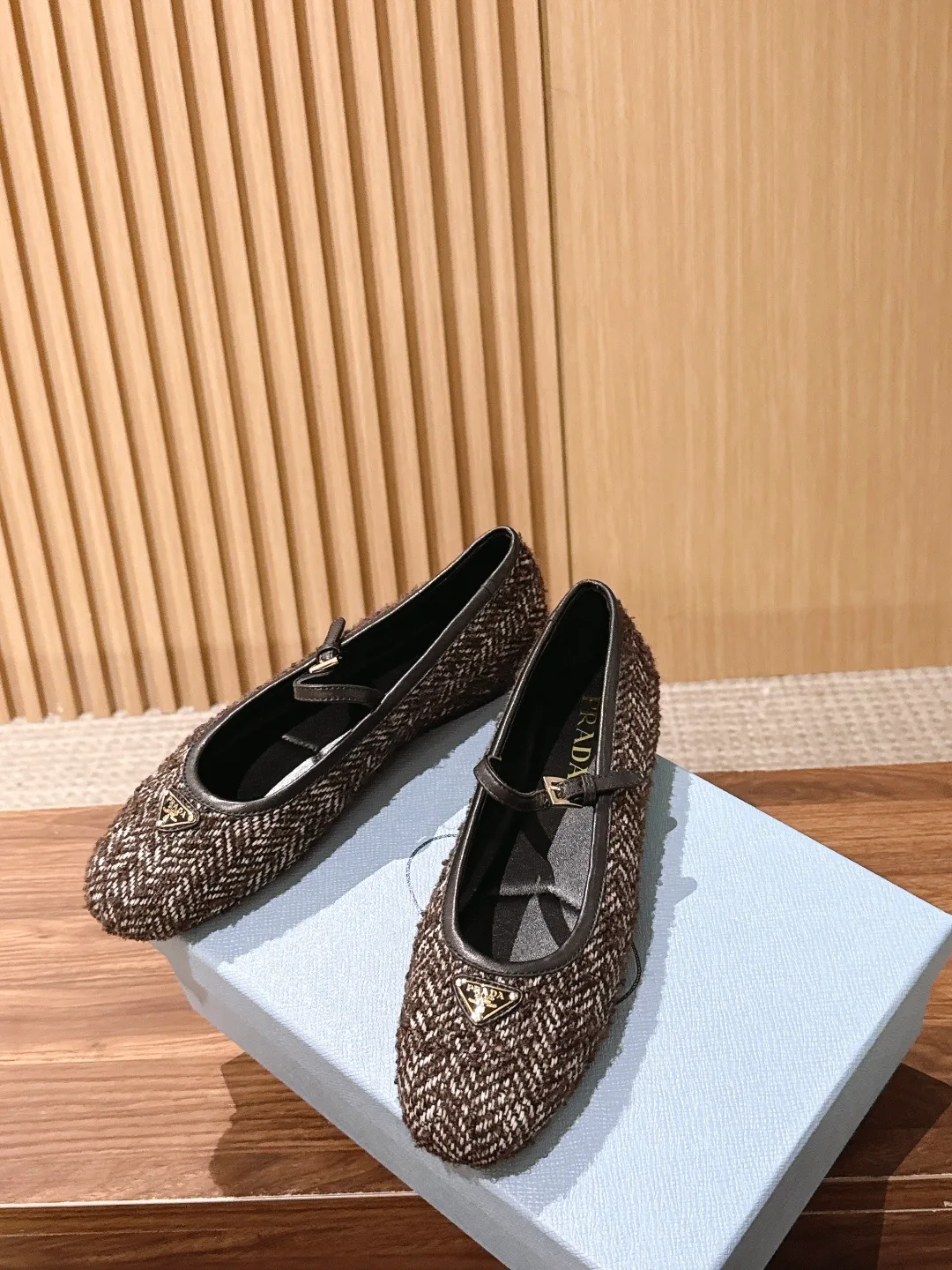 Prada Woven Buckle Flats in Brown · view 3