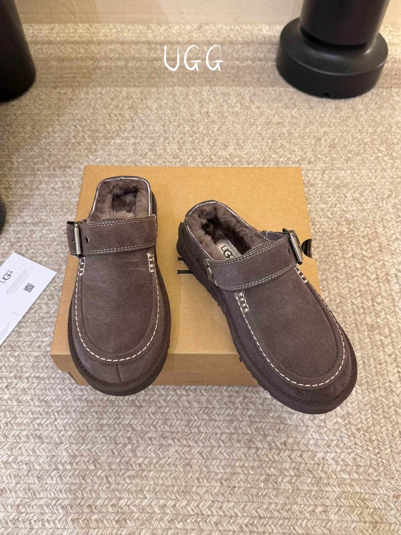 UGG Wool Suede-Look Buckle Lined Loafer Mules in Brown · view 3