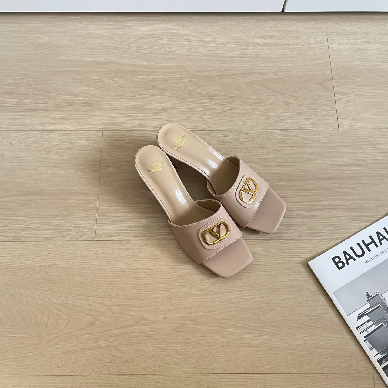 Valentino Sheepskin Square-Toe Mules in Beige · view 4
