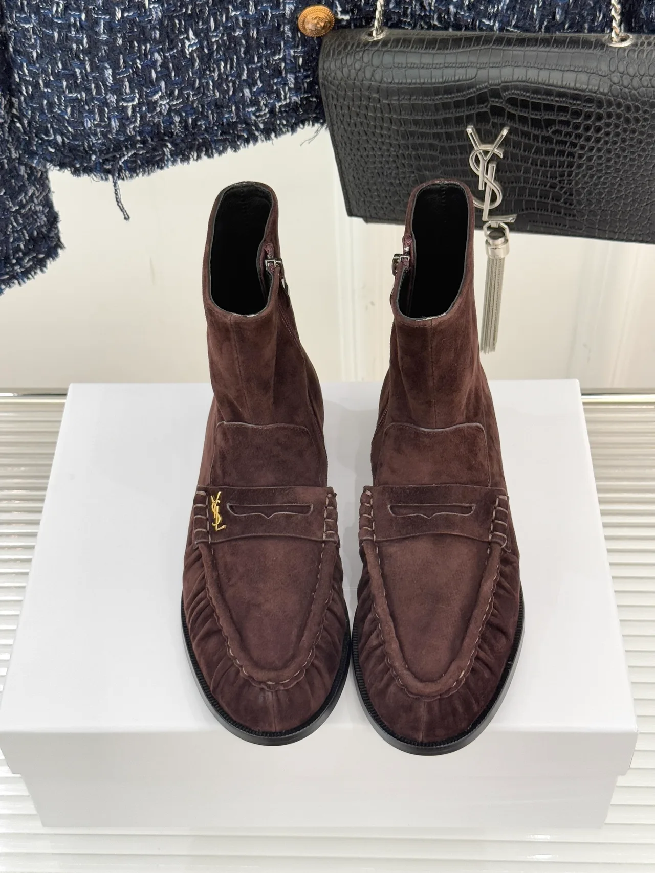 Saint Laurent Suede-Look Round-Toe Ankle Boots in Brown · view 4