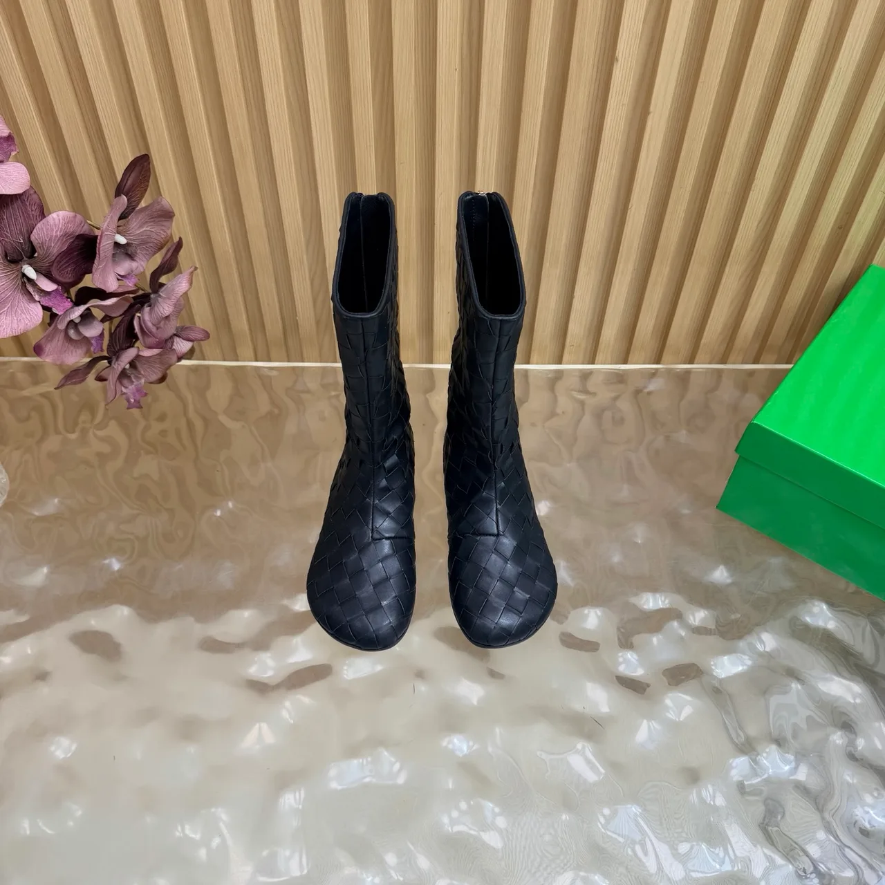 Bottega Veneta Quilted Woven Pointed-Toe Ankle Boots in Black · view 4