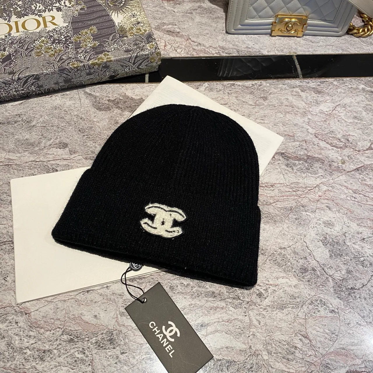 Chanel CC Knit Beanie in Black / White / Red / Burgundy / Grey / Tan / Pink · view 1