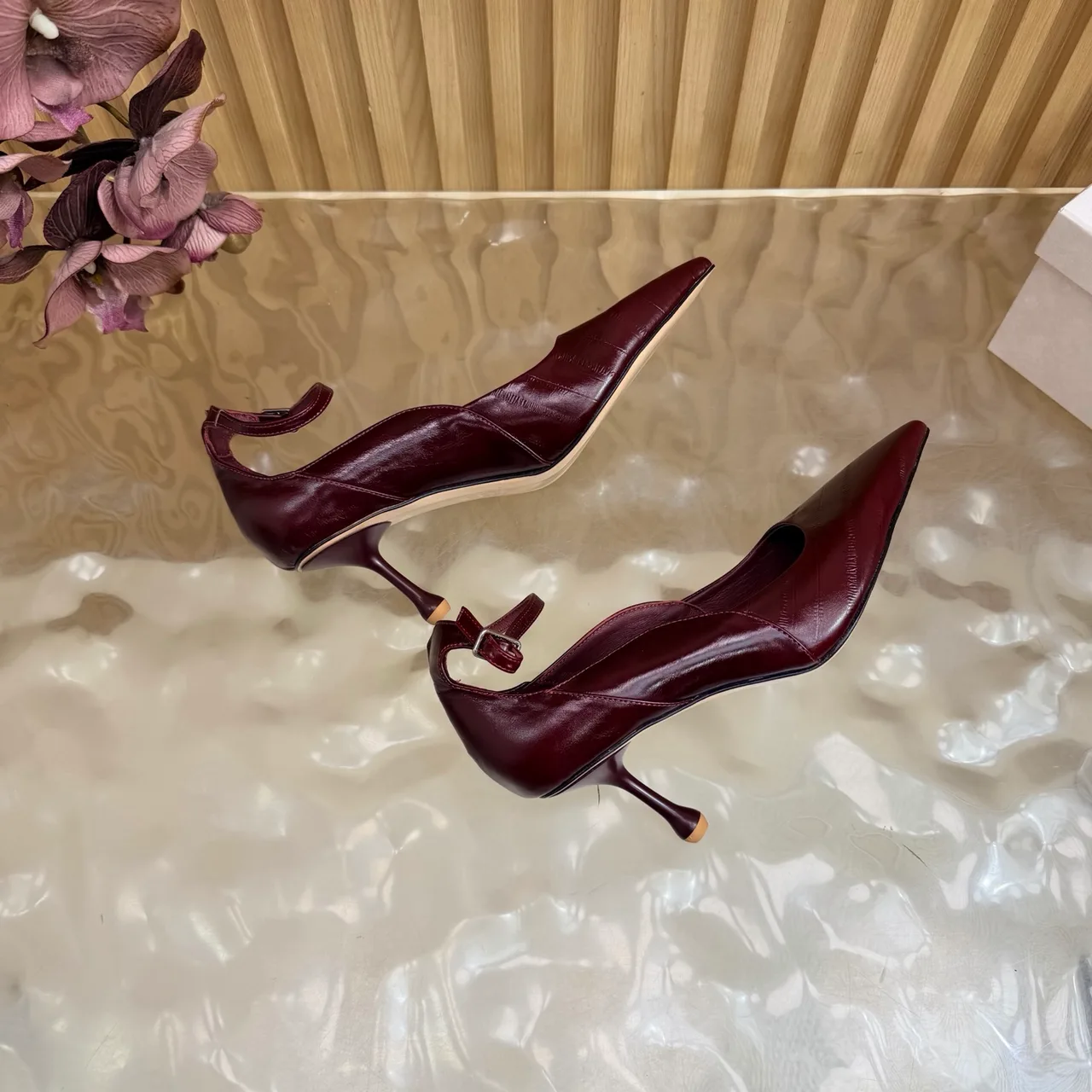 Jimmy Choo Cowhide Glossy Pointed-Toe Pointed Heel Pumps in Burgundy · view 7