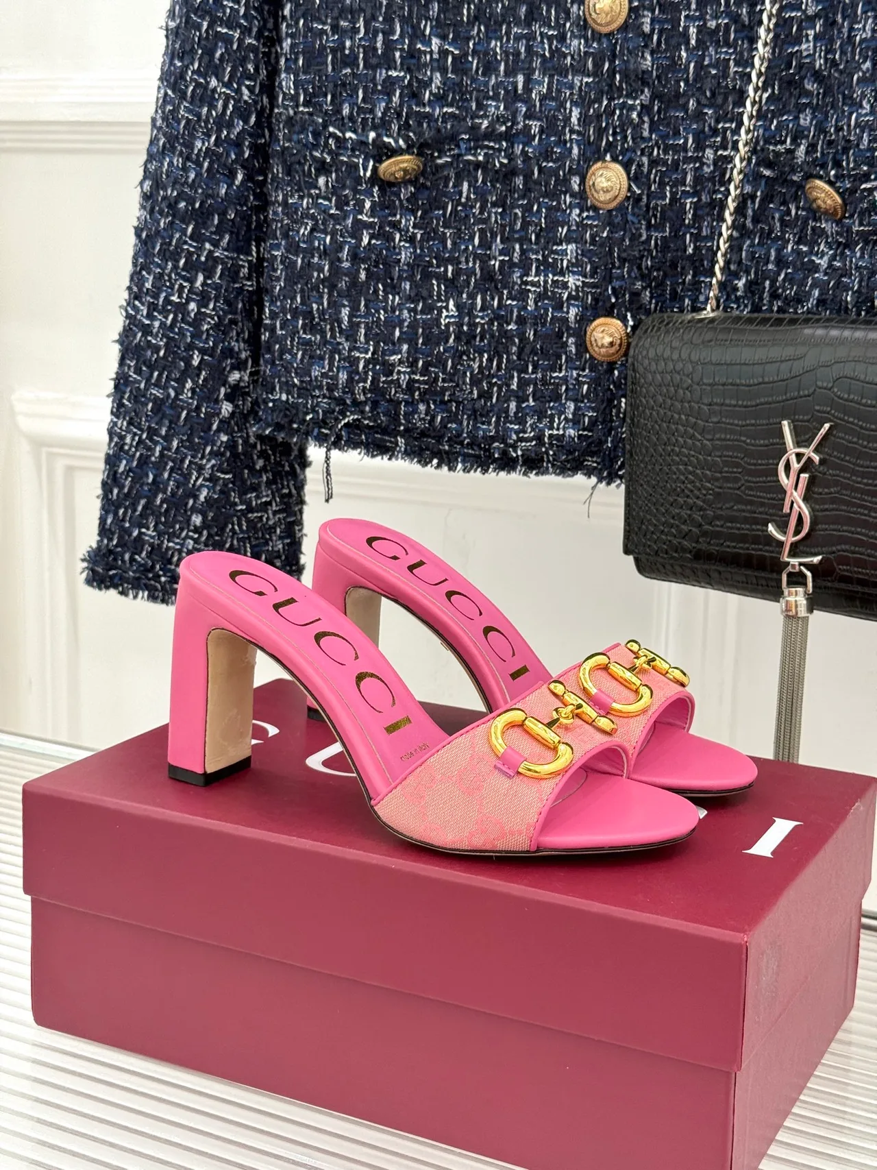 Gucci Canvas Denim Glossy Mules in Pink · view 1