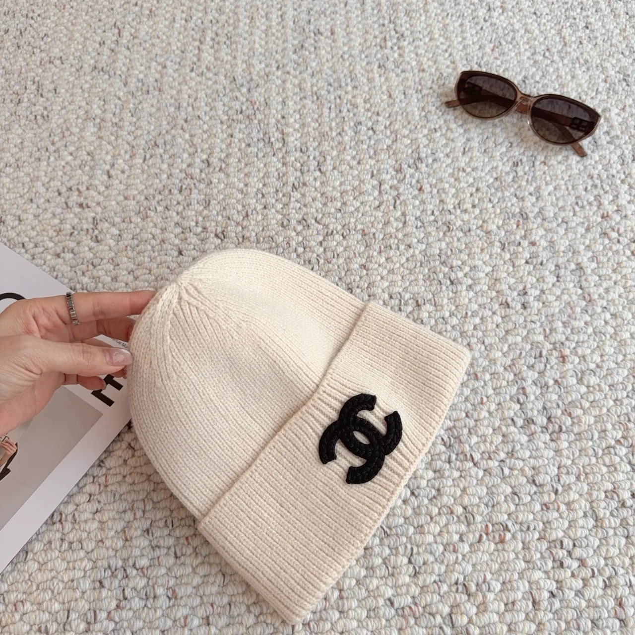 Chanel Ribbed Embroidered Beanie in White · view 5