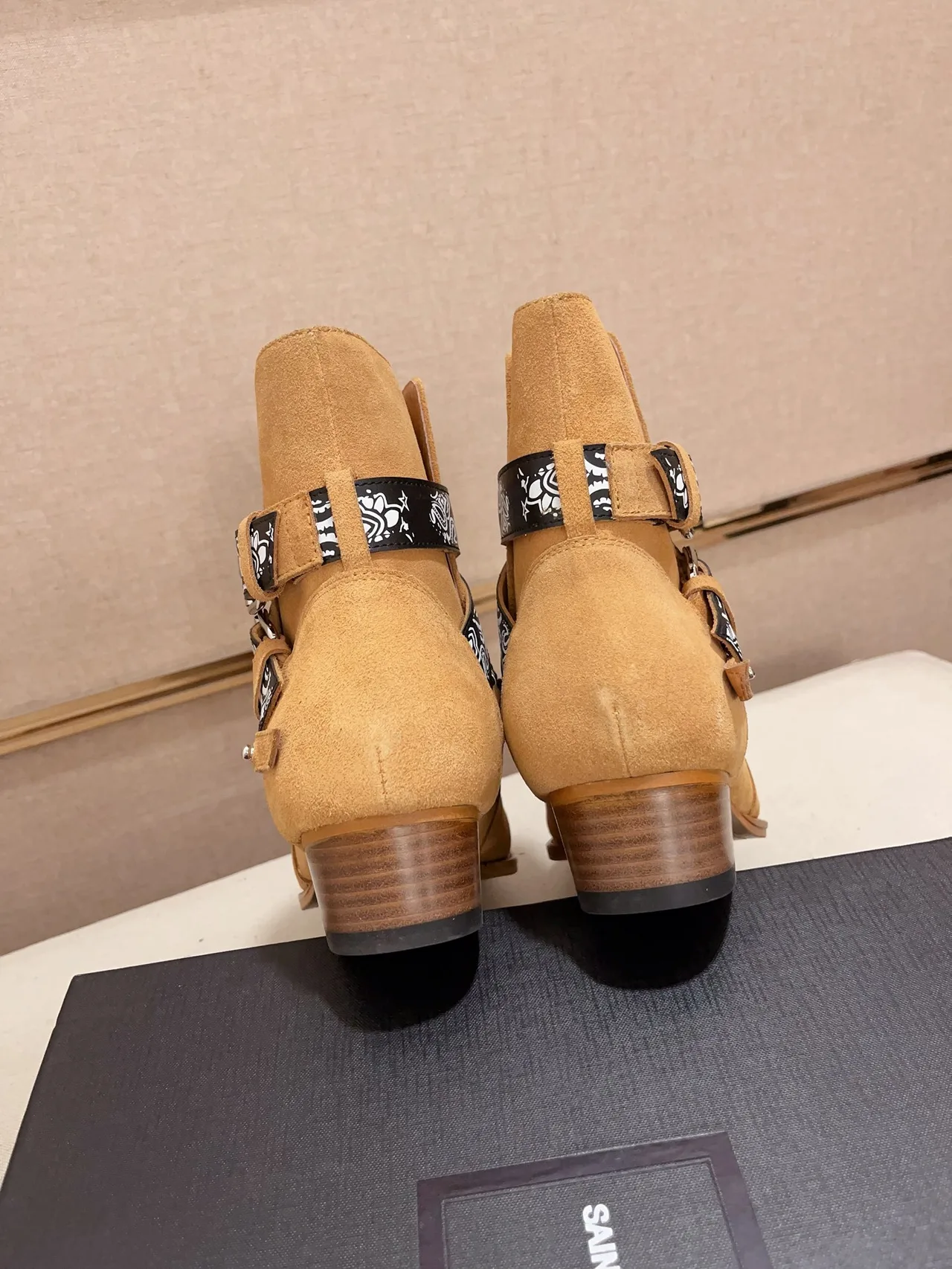 AMIRI Cowhide Suede-Look Pointed-Toe Bandana Strap Ankle Boots in Brown · view 8