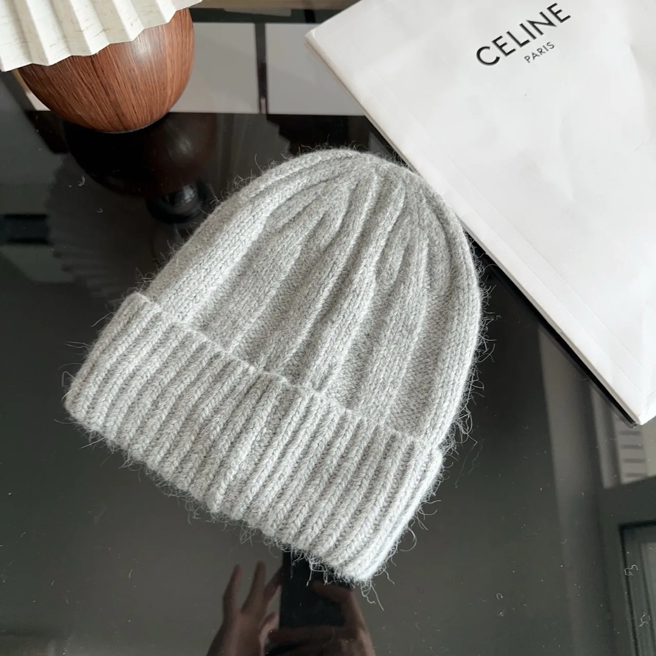 Celine Ribbed Embroidered Beanie in Grey · view 6