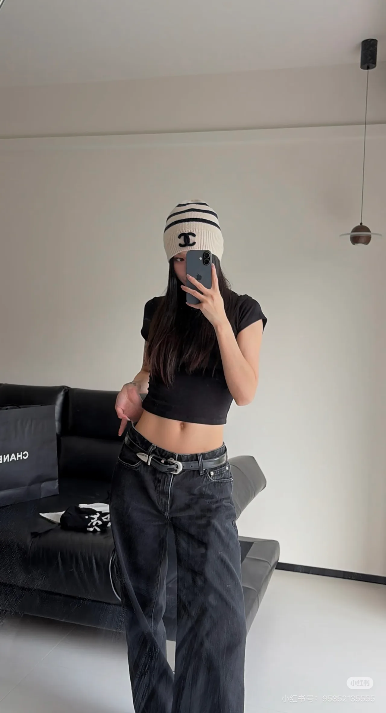 Chanel Striped CC Stripe Beanie in White · view 3