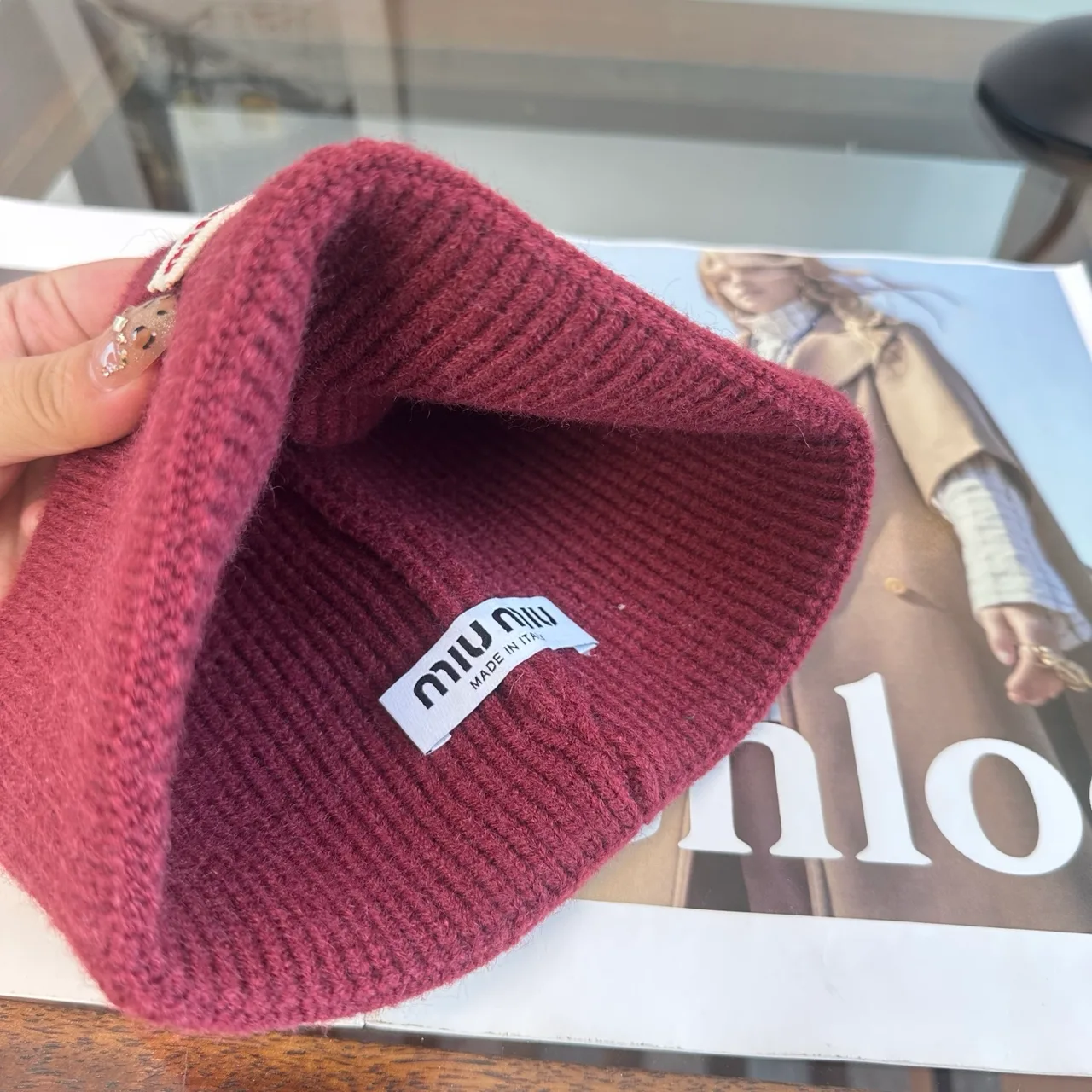 Miu Miu Ribbed Knit Beanie in Burgundy · view 6