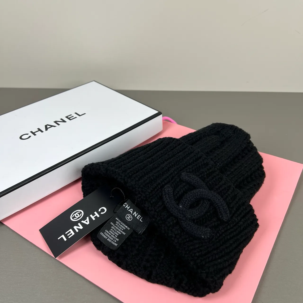 Chanel Raised-logo knit beanie in Black & Pink · view 8