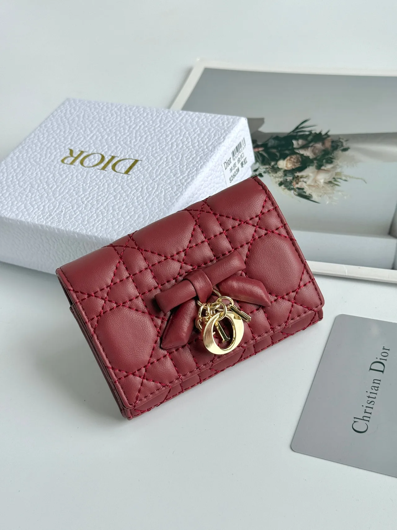 Dior Calfskin Smooth Quilted Wallet in Burgundy · view 1
