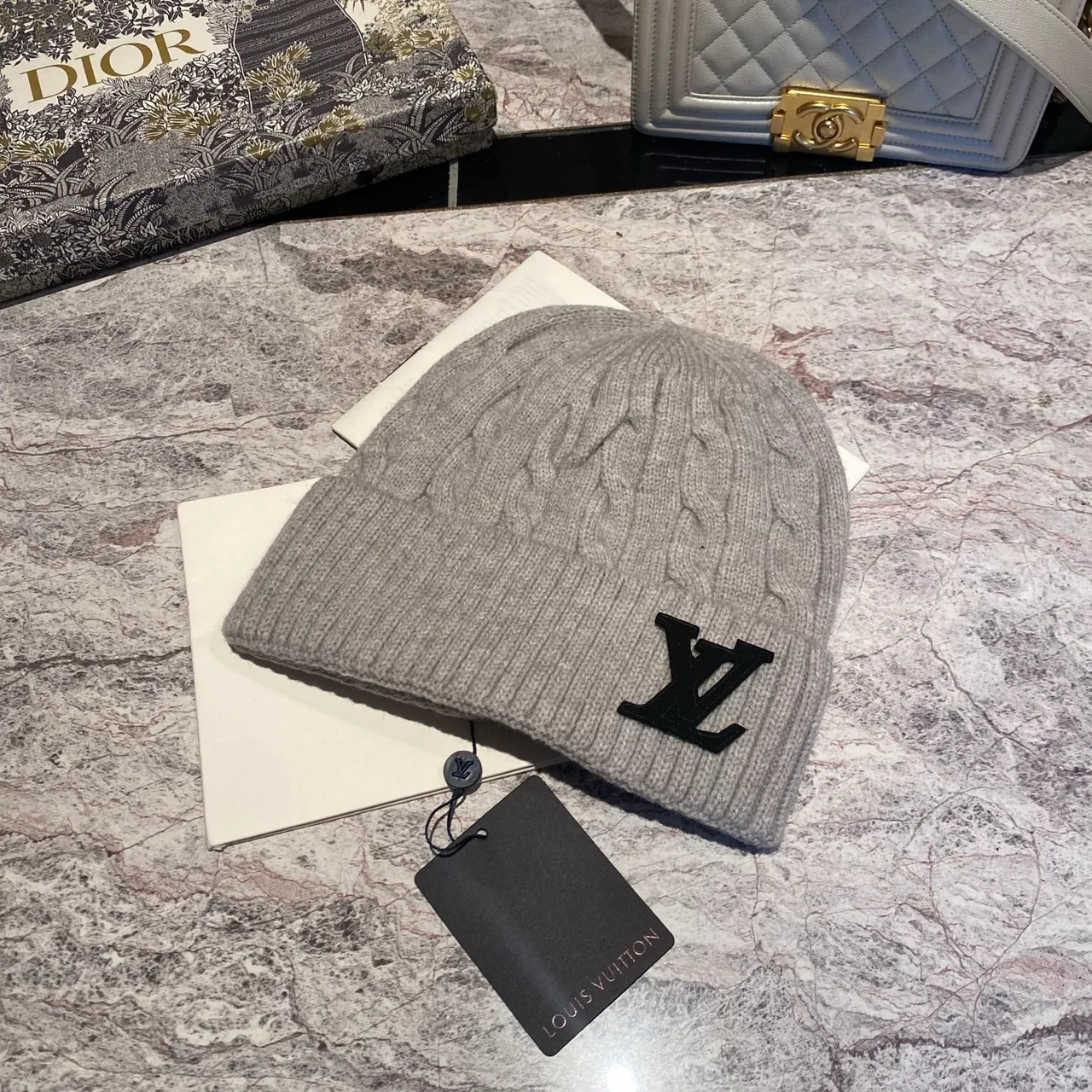 Louis Vuitton Cable-Knit Beanie in Black & White & Grey & Tan & Blue & Burgundy & Pink · view 4