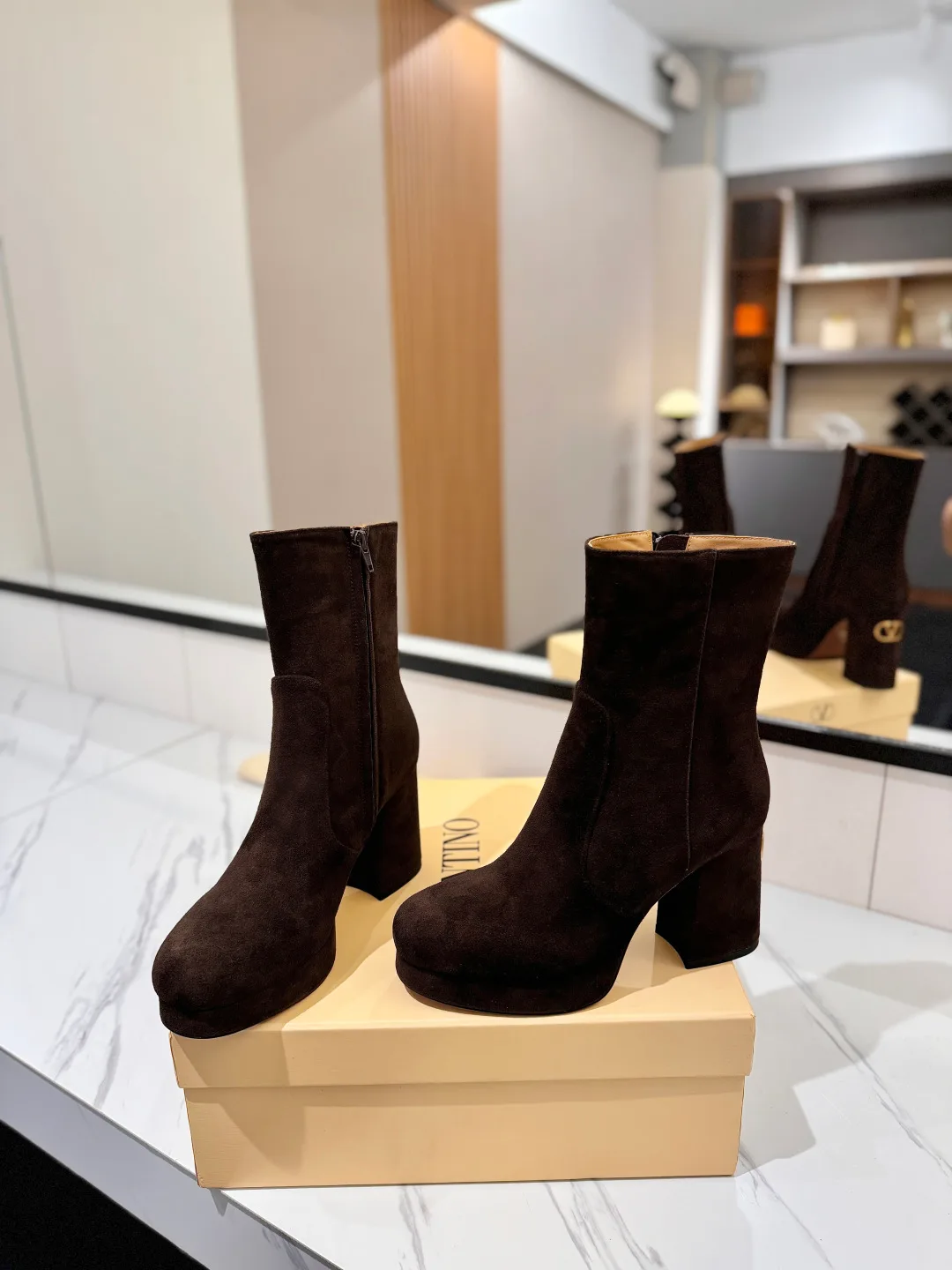 Valentino Cowhide Suede-Look Round-Toe Ankle Boots in Brown · view 5