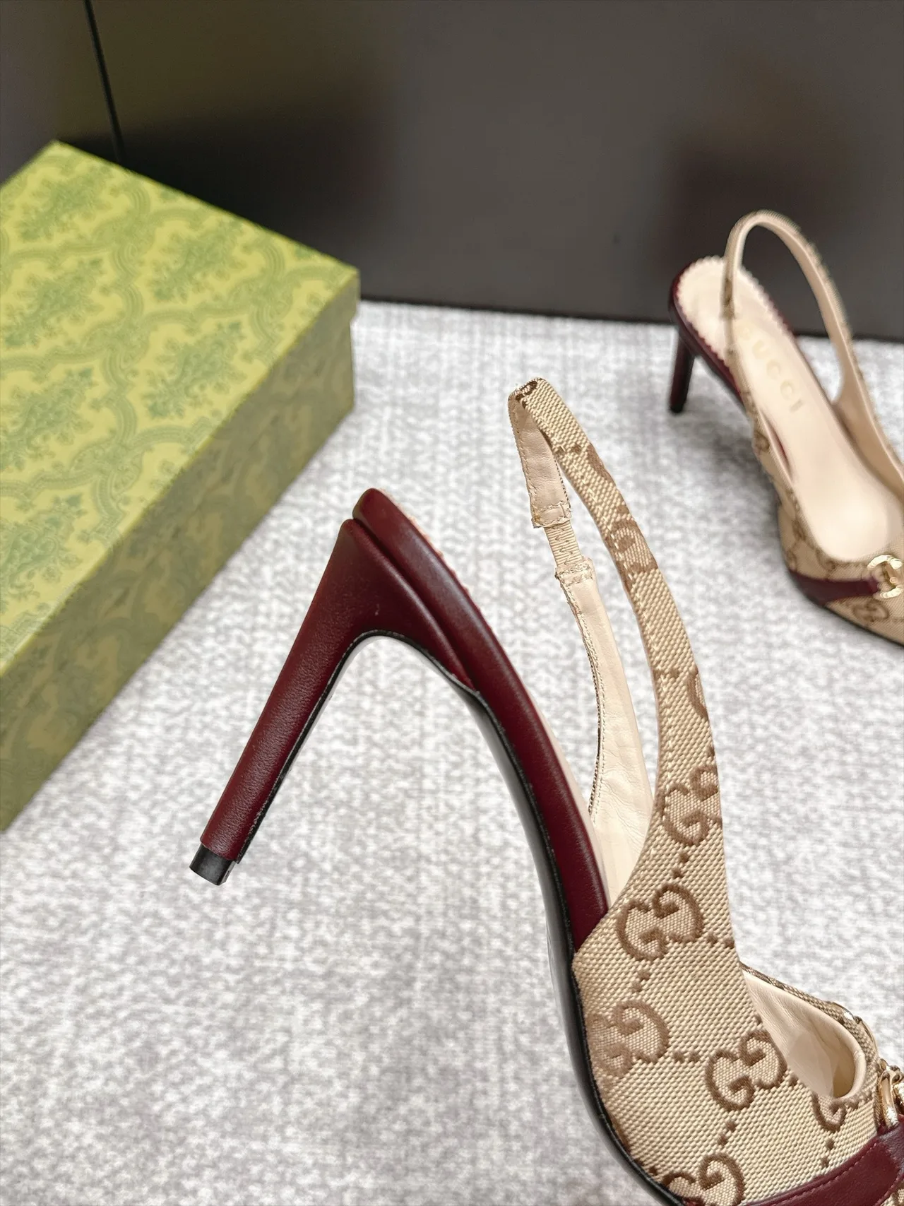Gucci Glossy Pointed-Toe Monogram Slingback Pumps in Beige · view 8
