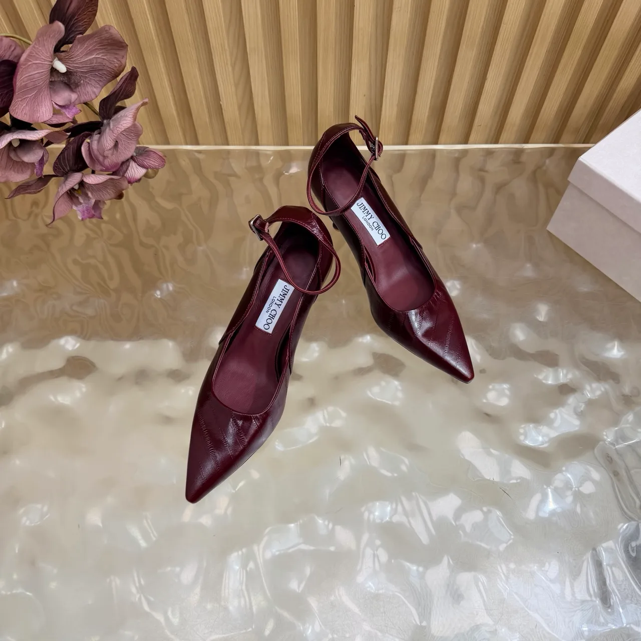 Jimmy Choo Cowhide Glossy Pointed-Toe Pointed Heel Pumps in Burgundy · view 6