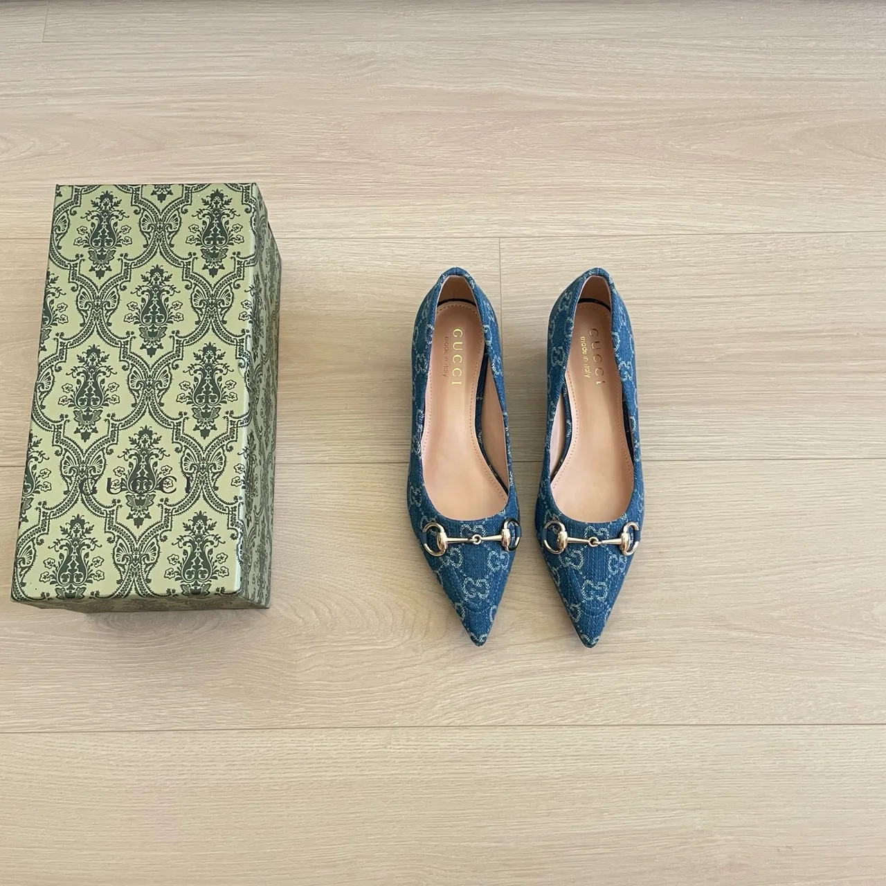 Gucci Canvas Pointed-Toe Monogram Kitten Heel Pumps in Blue · view 1