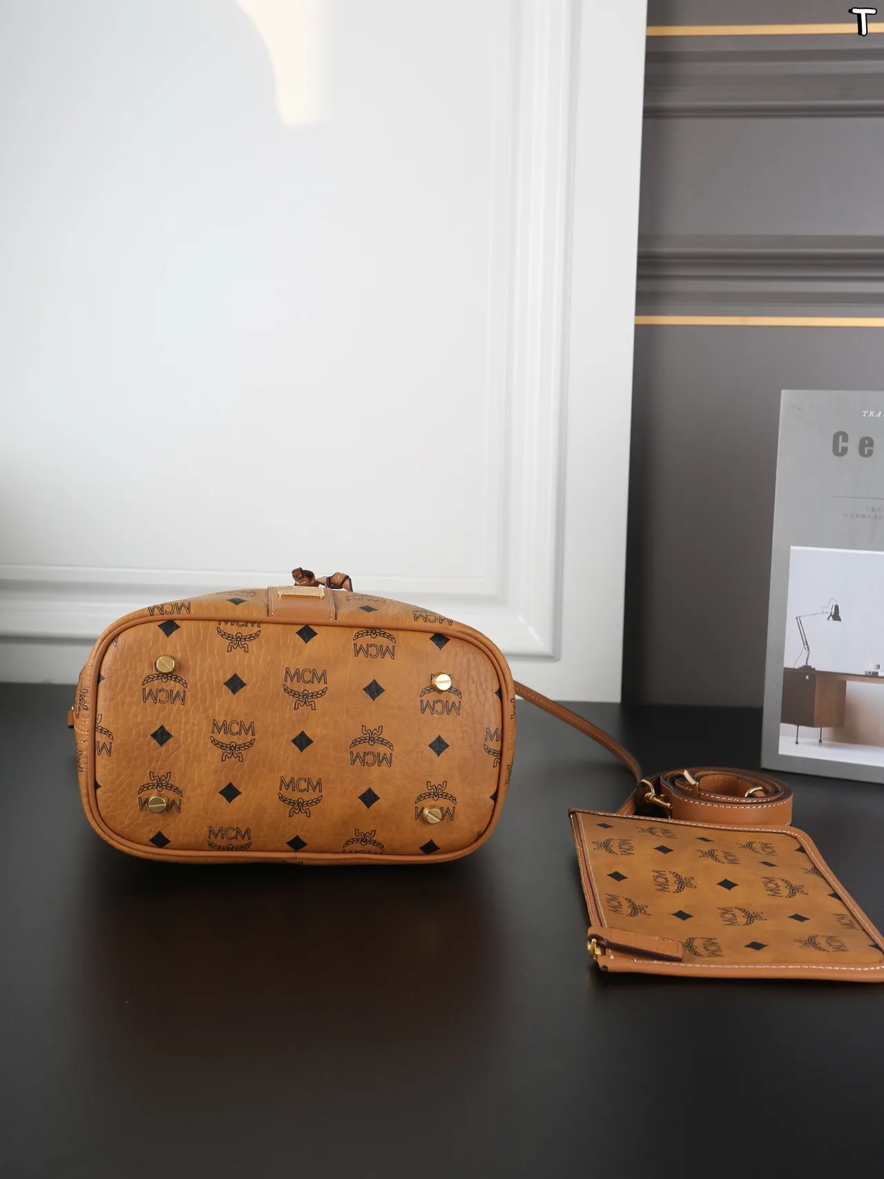 MCM Dessau Bucket Bag with Detachable Pouch in Brown · view 6