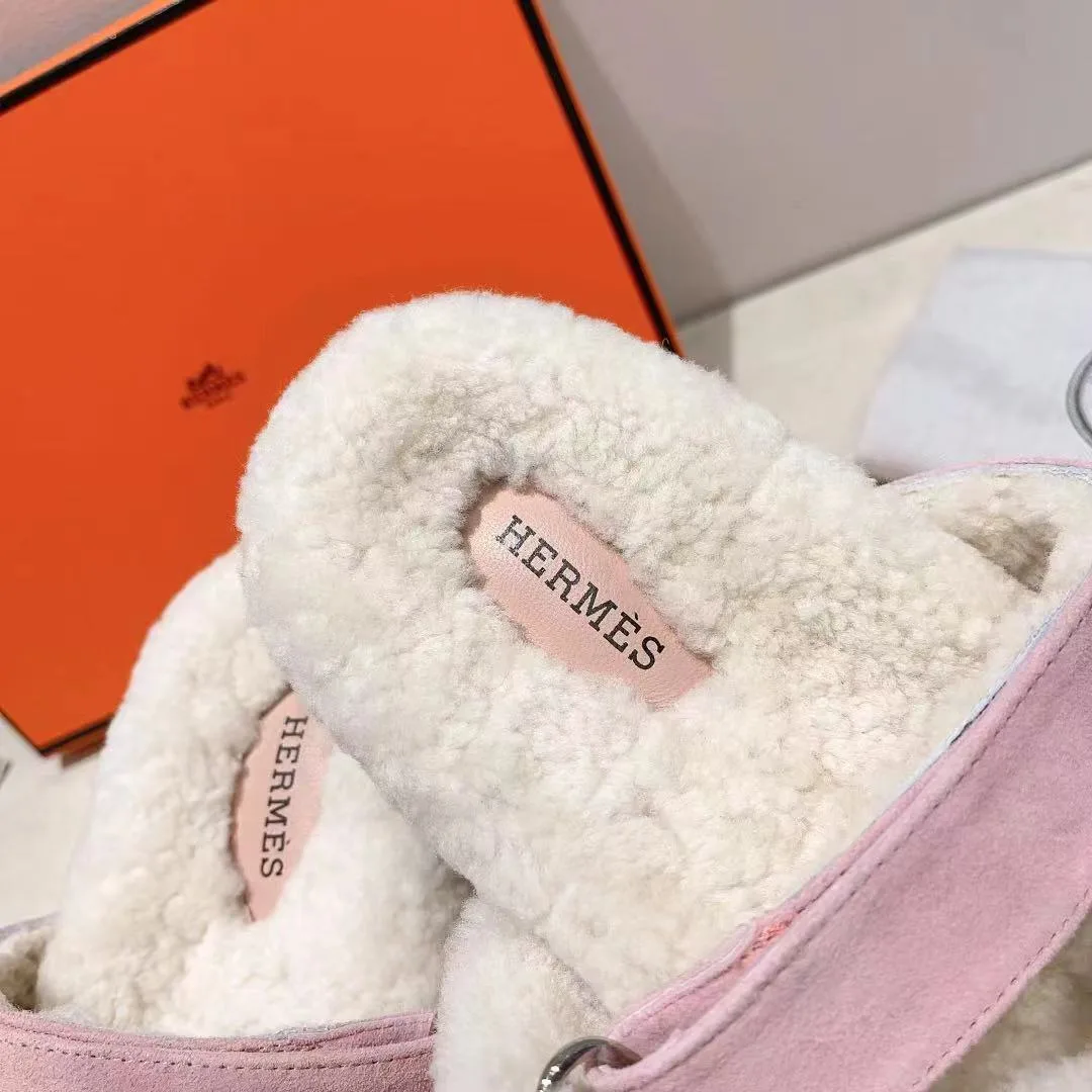 Hermes Sheepskin Chypre Shearling Slides in Pink · view 7