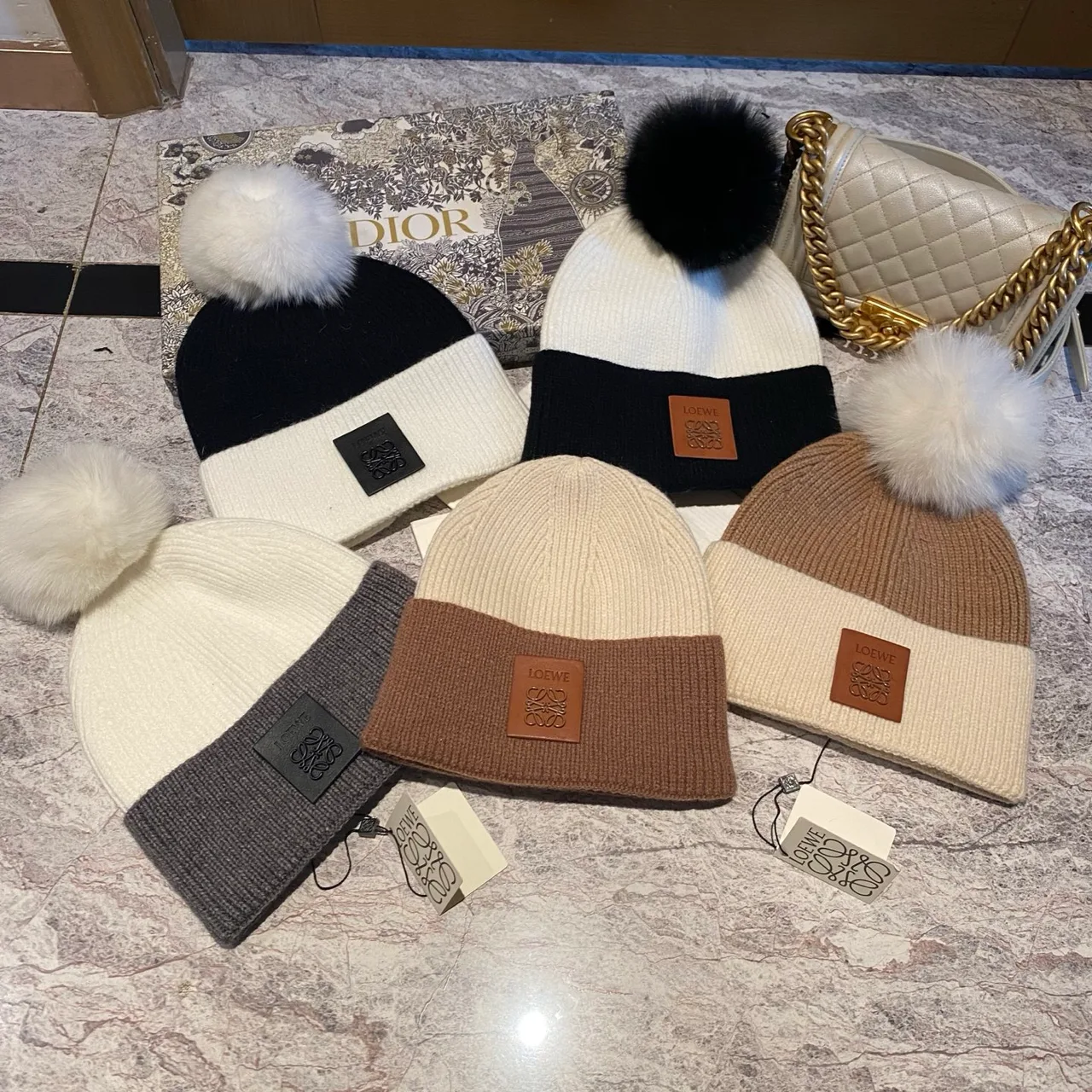 Loewe Colorblock Pom Beanie in Black & White & Brown · view 5