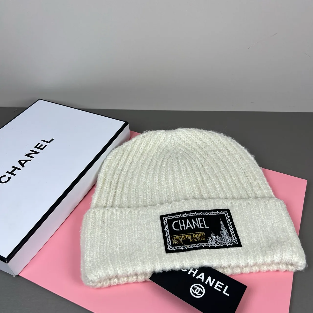 Chanel Label-patch knit beanie in Black & Cream · view 5