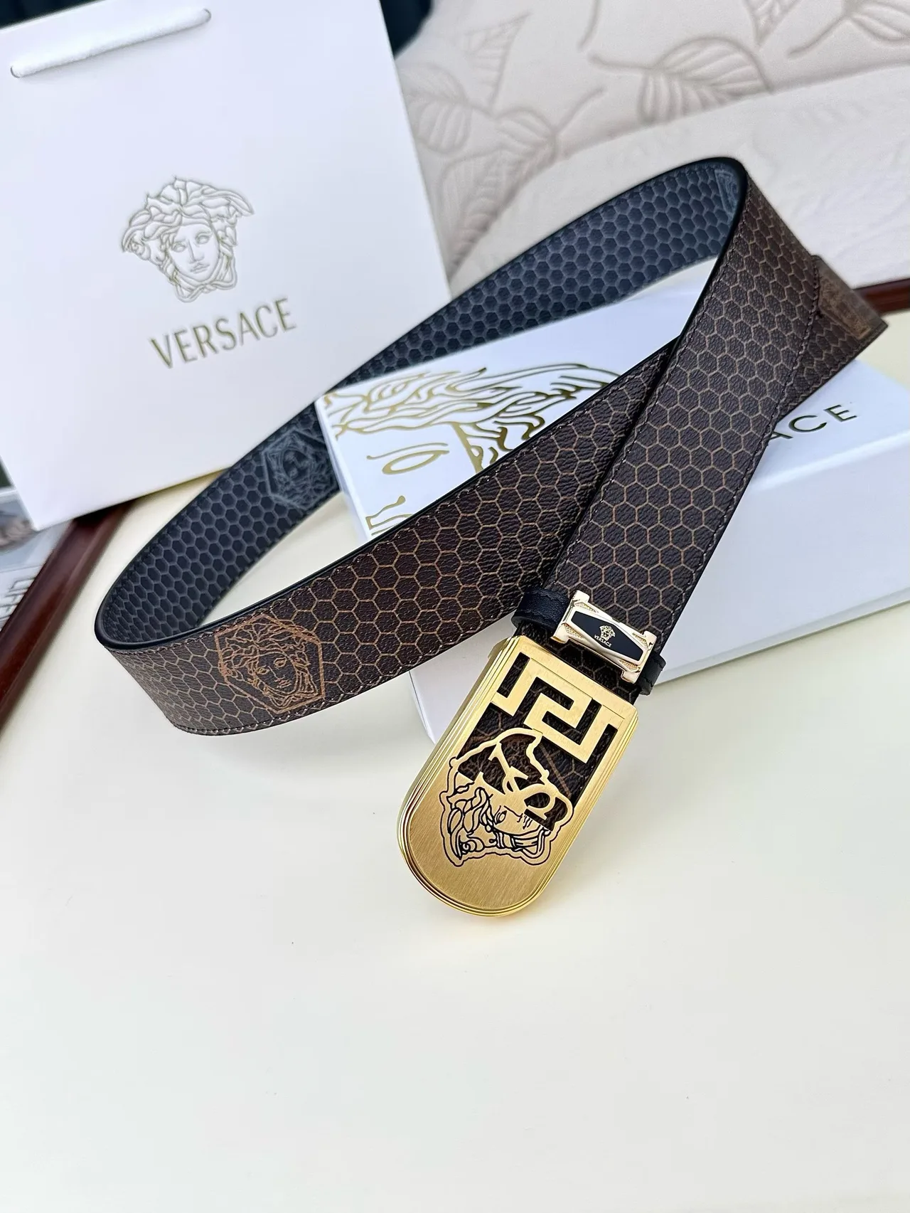 Versace Medusa Pattern Belt in Brown · view 6