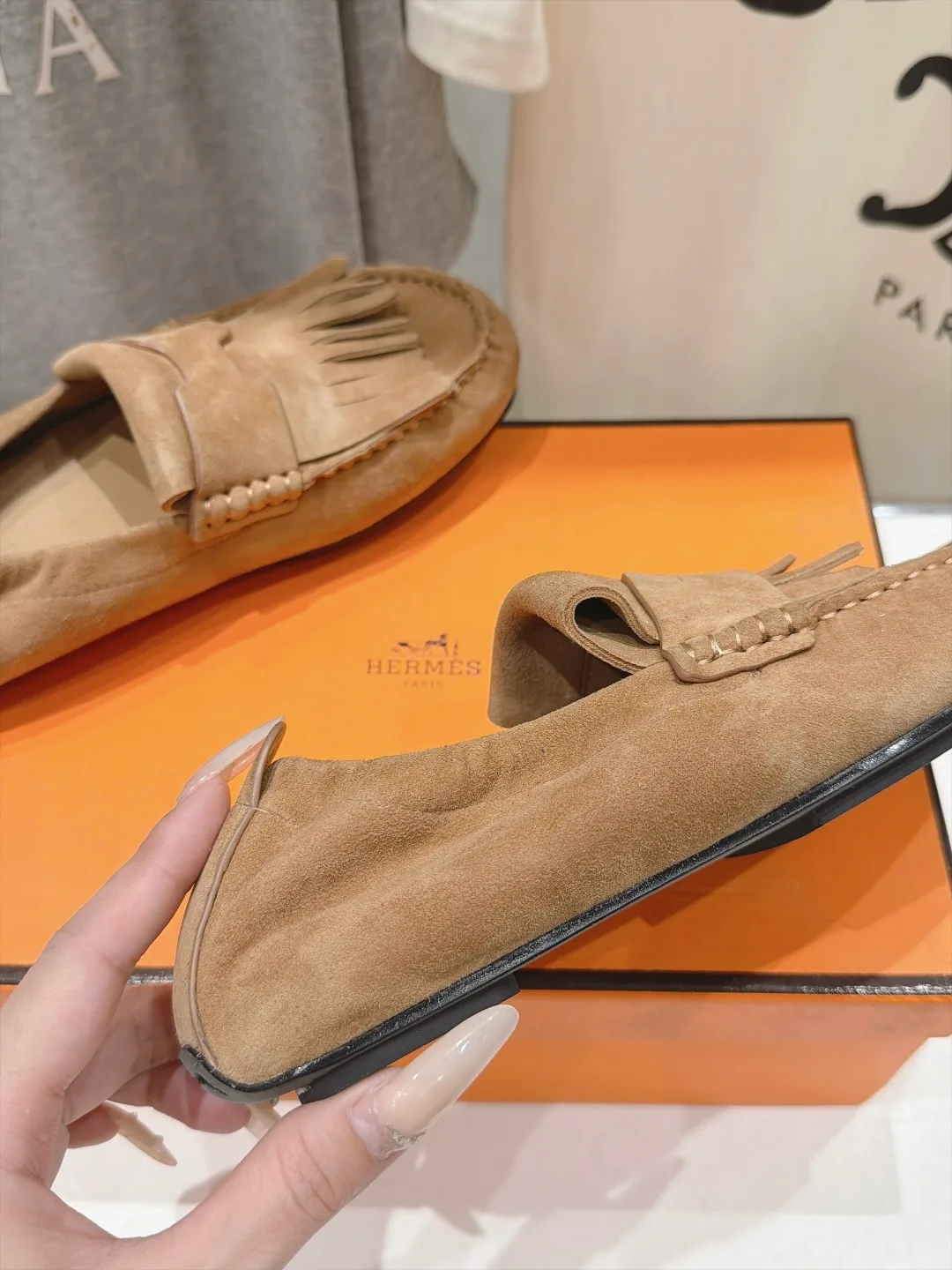 Suede-Look Round-Toe Fringe-Vamp Loafers in Brown · view 5