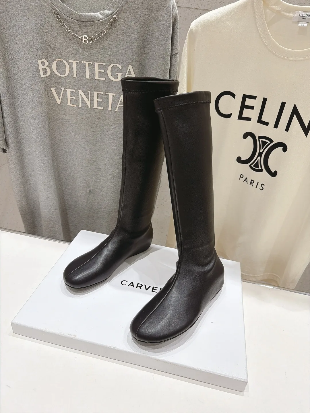Silk Glossy Round-Toe Minimal Knee-High Boots in Black · view 3