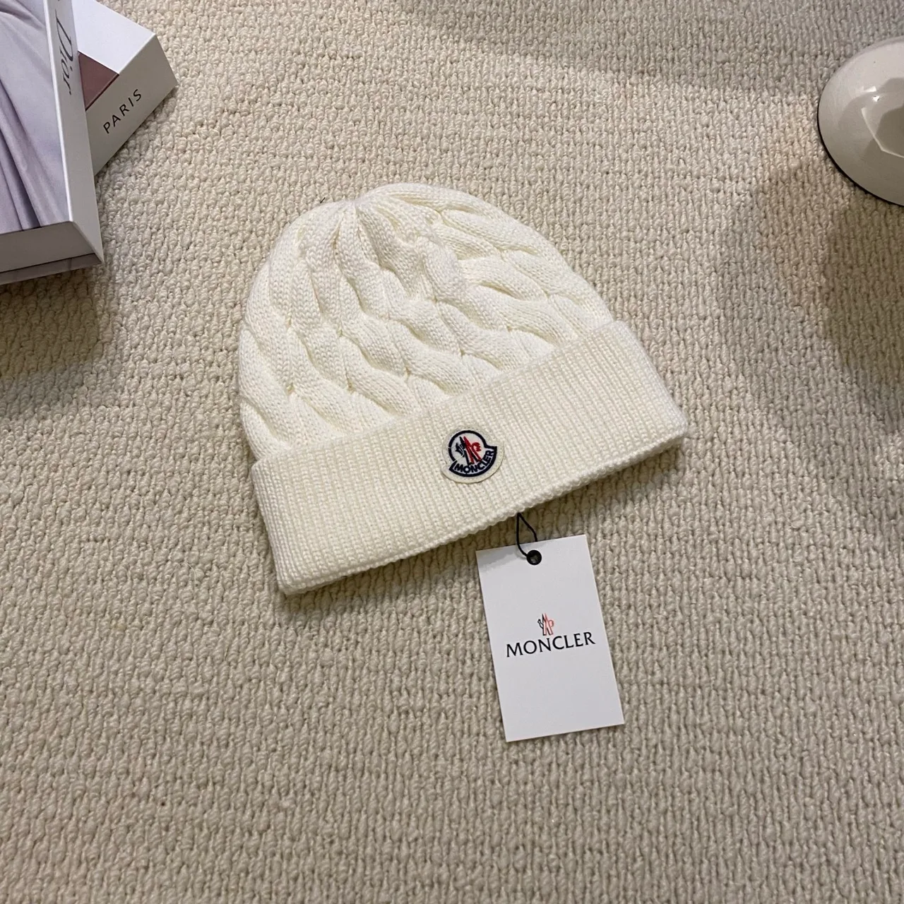 Moncler Beanie in White & Black & Grey & Tan · view 1