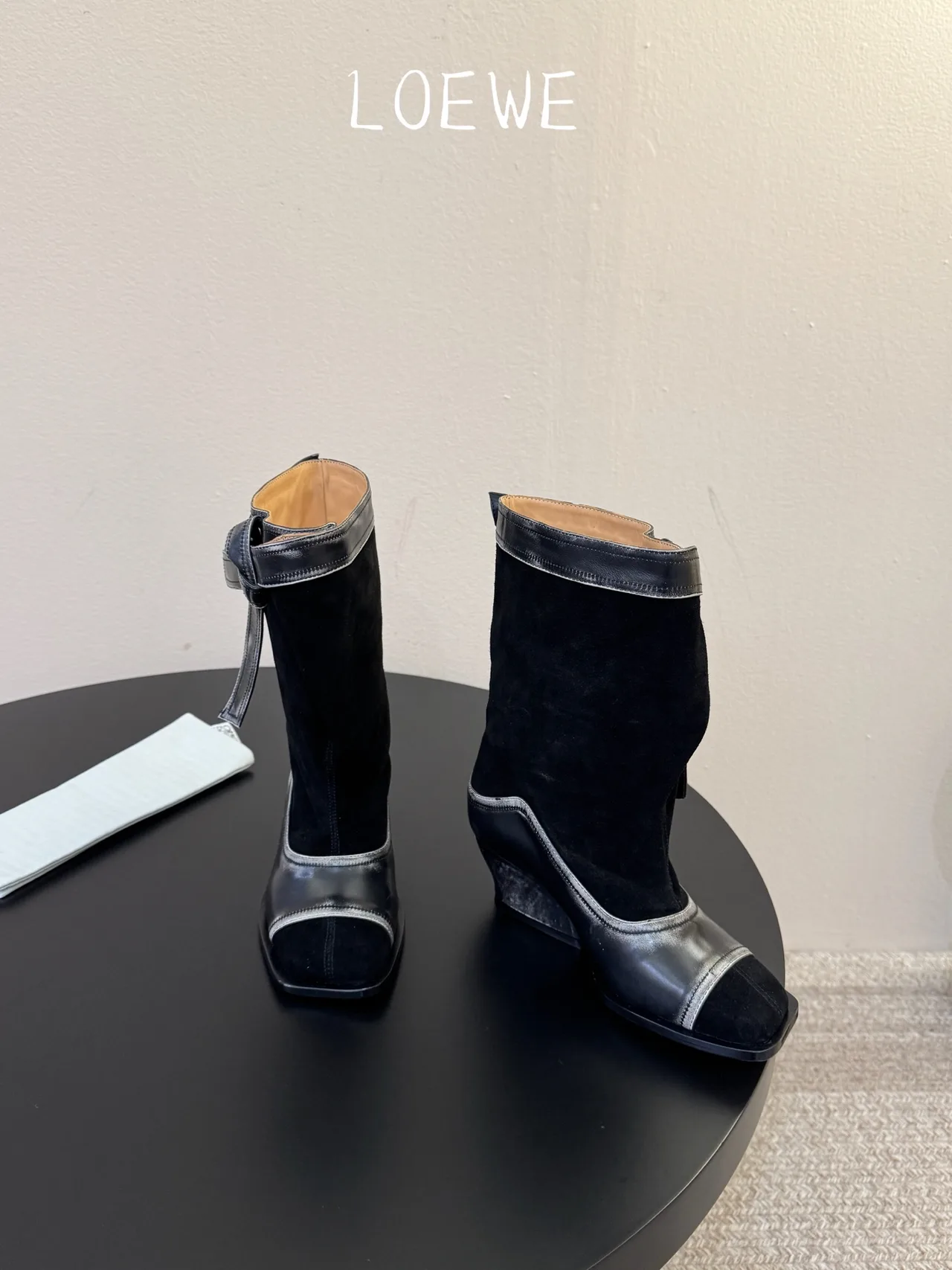 Loewe Cowhide Glossy Suede-Look Pointed-Toe Ankle Boots in Black · view 2