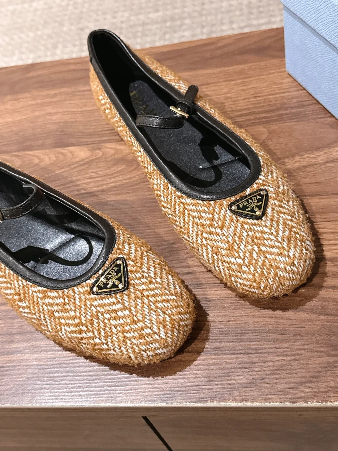 Prada Woven Round-Toe Mary Jane Flats in Beige · view 4